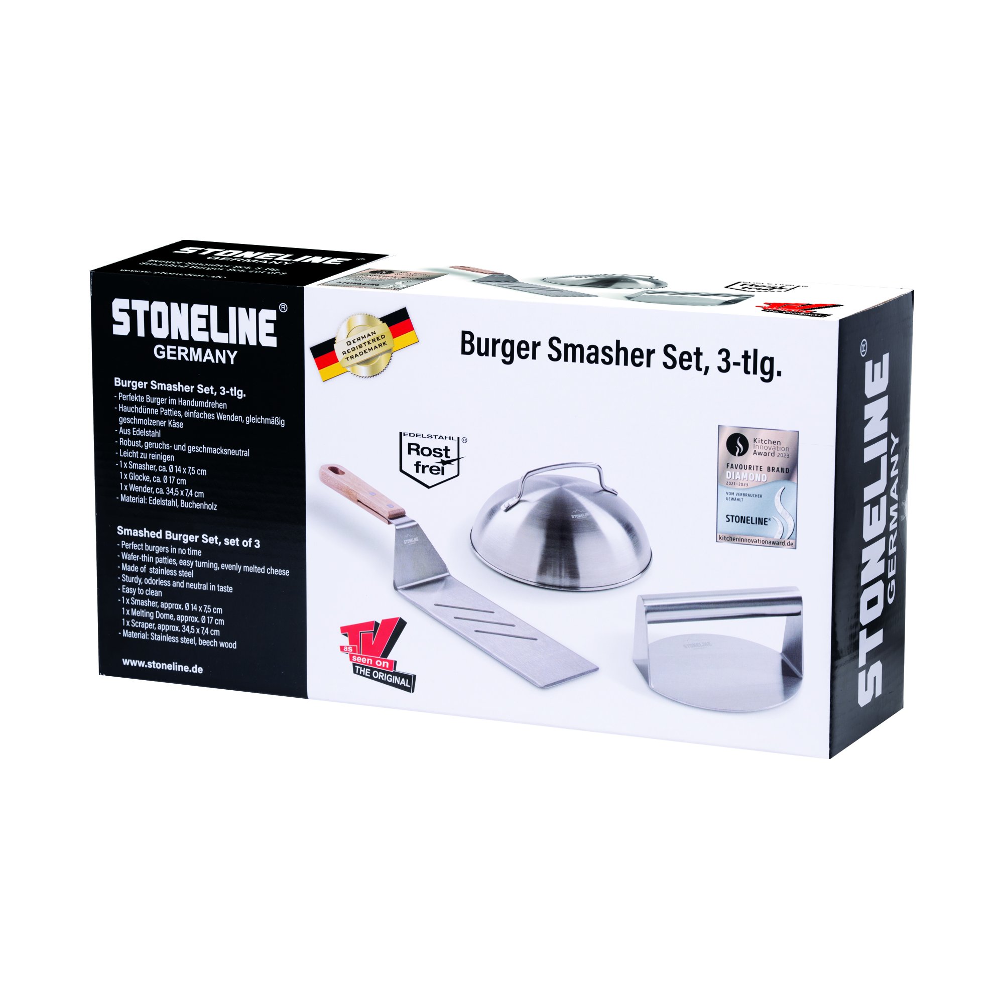 STONELINE® Burger Smasher Set, 3-tlg., inkl. Burgerglocke, Wender und Burger Smasher