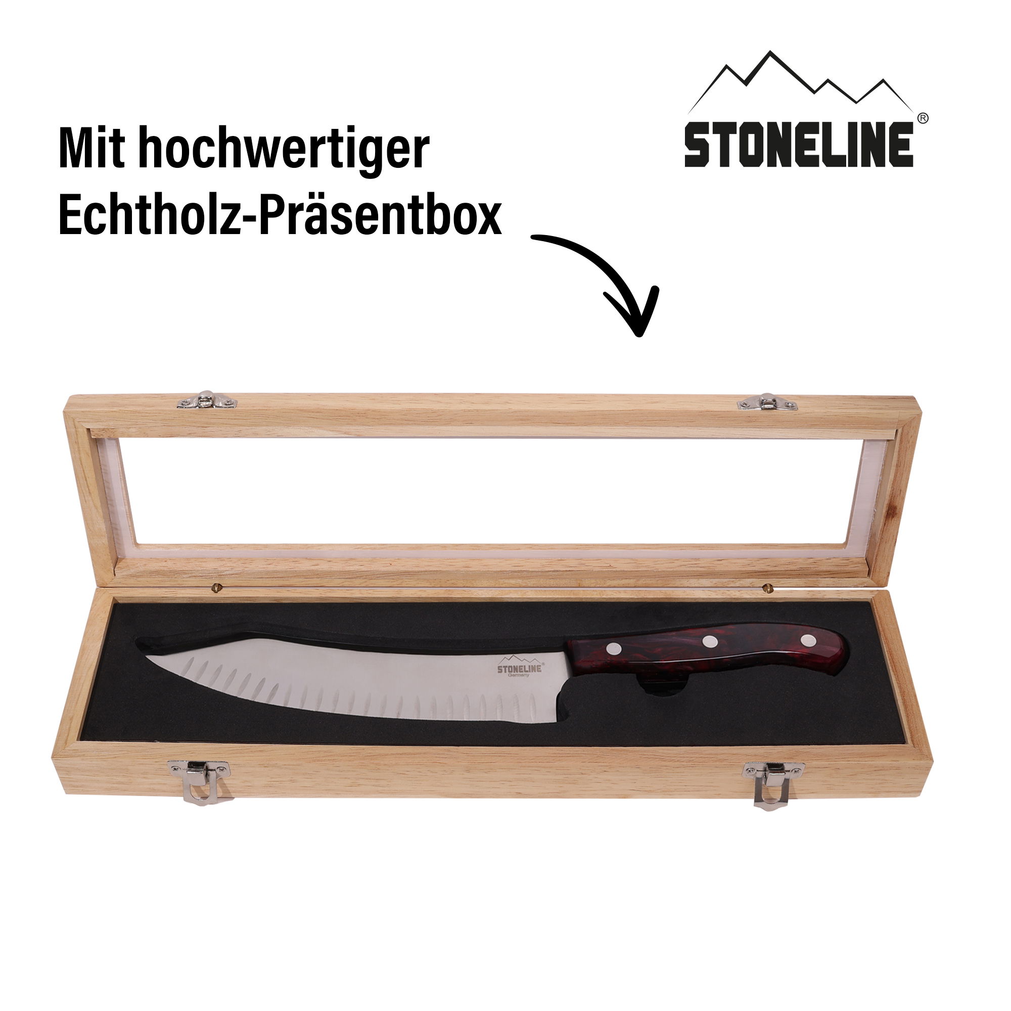 STONELINE® Couteau de chef en acier inoxydable 33,2 cm, avec coffret de rangement en bois