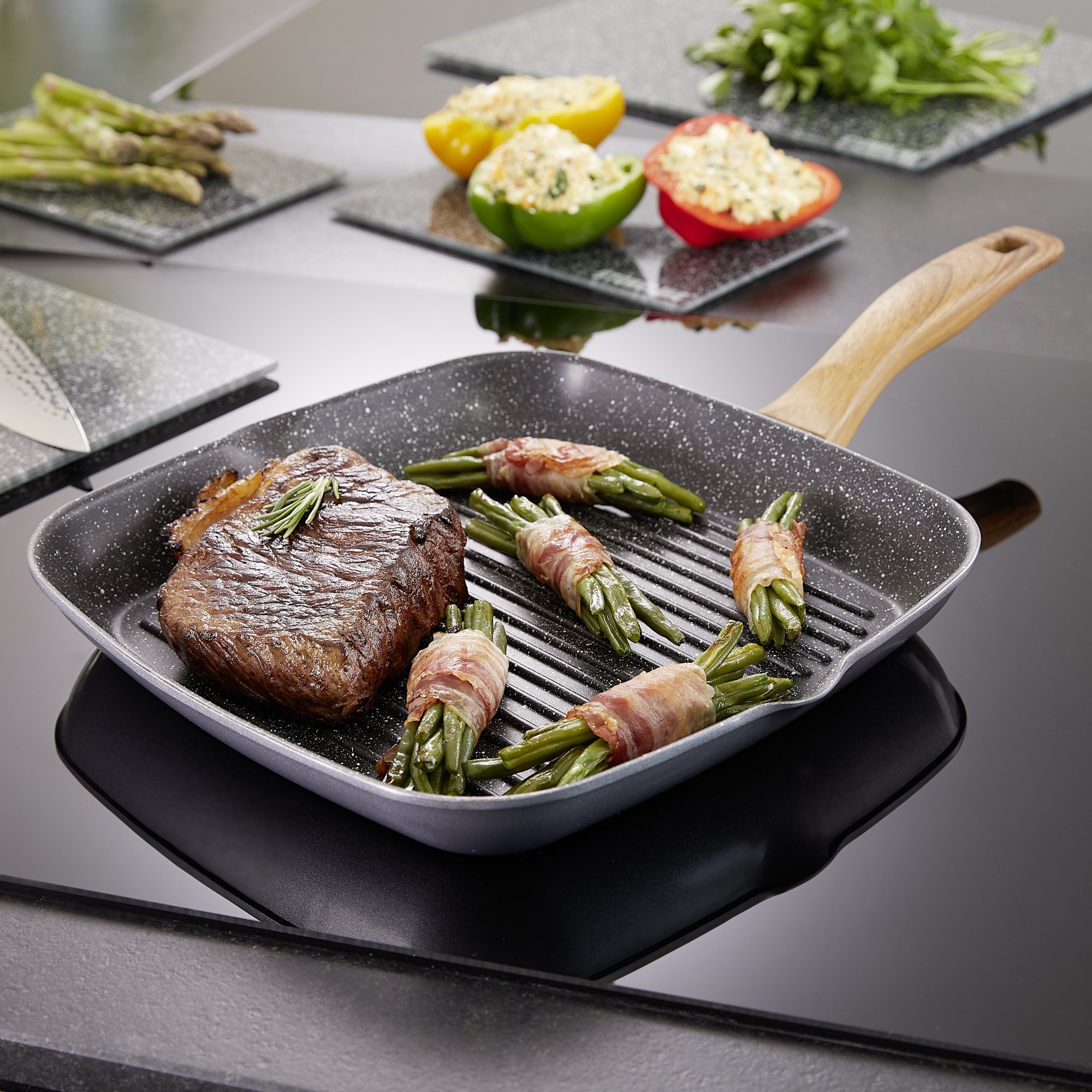STONELINE® Back to Nature grill pan 28 x 28 cm, with 2 spouts, induction and oven-safe