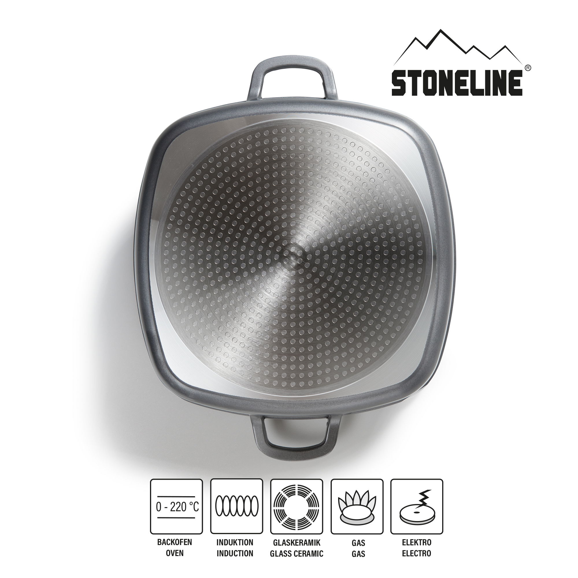 STONELINE® Servierpfanne 28 x 28 cm mit Aroma Glasdeckel, Eckpfanne antihaftbeschichtet, Induktion und backofengeeignet