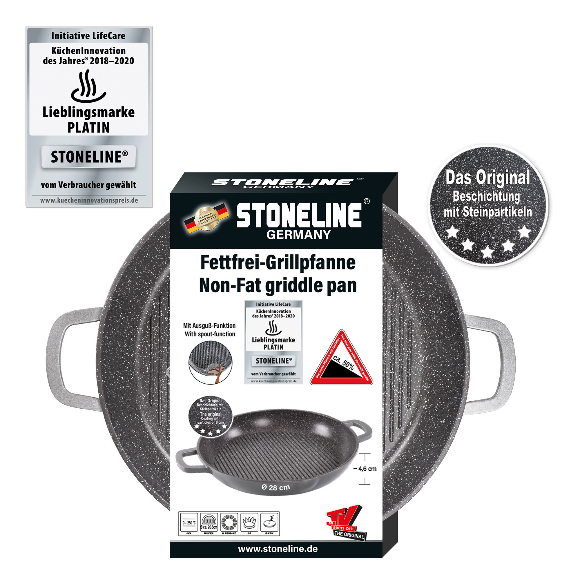 STONELINE® Bistecchiera Rotonda 28 cm, Beccuccio, Cucinare Senza Grassi, Antiaderente