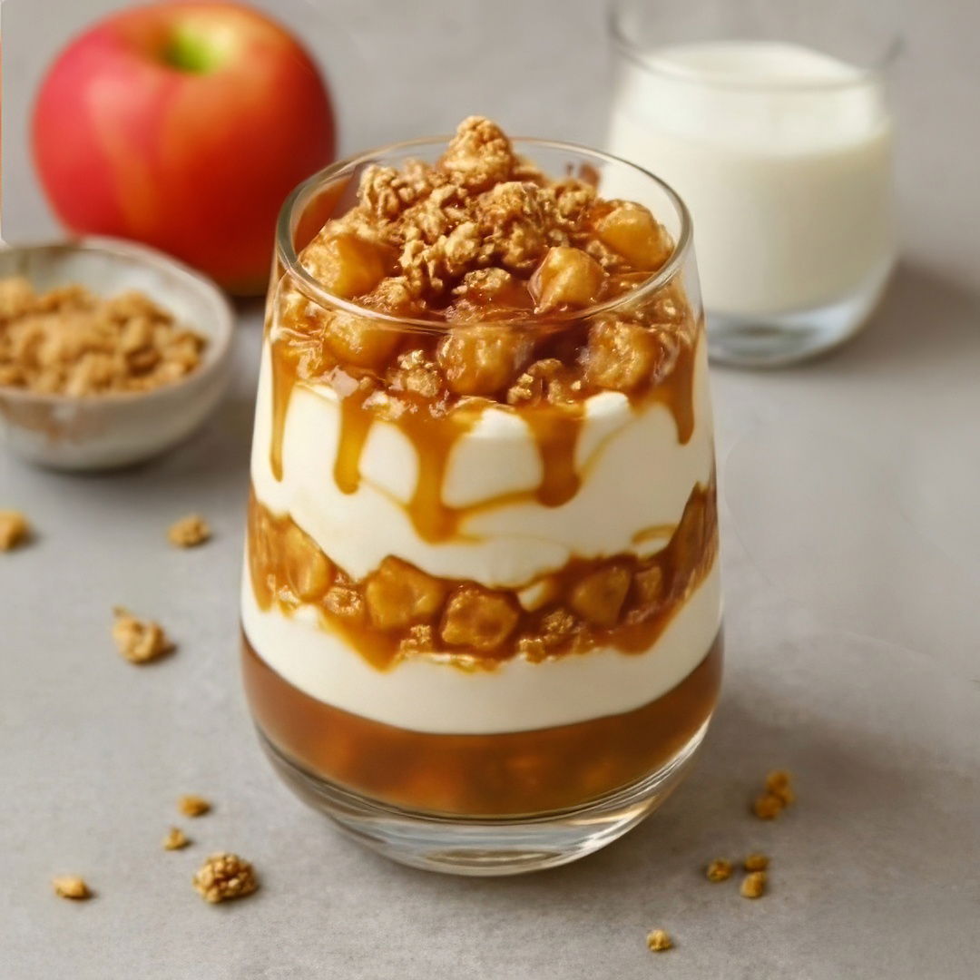 Dessert en couches aux pommes, yaourt et caramel – Un délice rapide en 15 minutes !