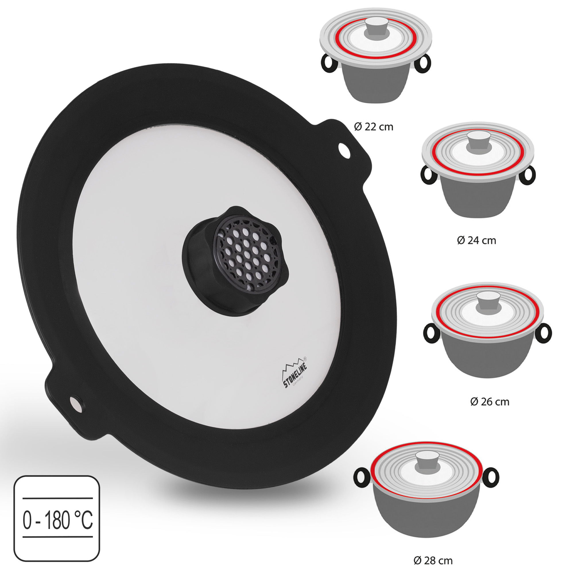 Universal Glass Lid 22/24/26/28 with SMELL WELL Function and 1 Refill Set | Black