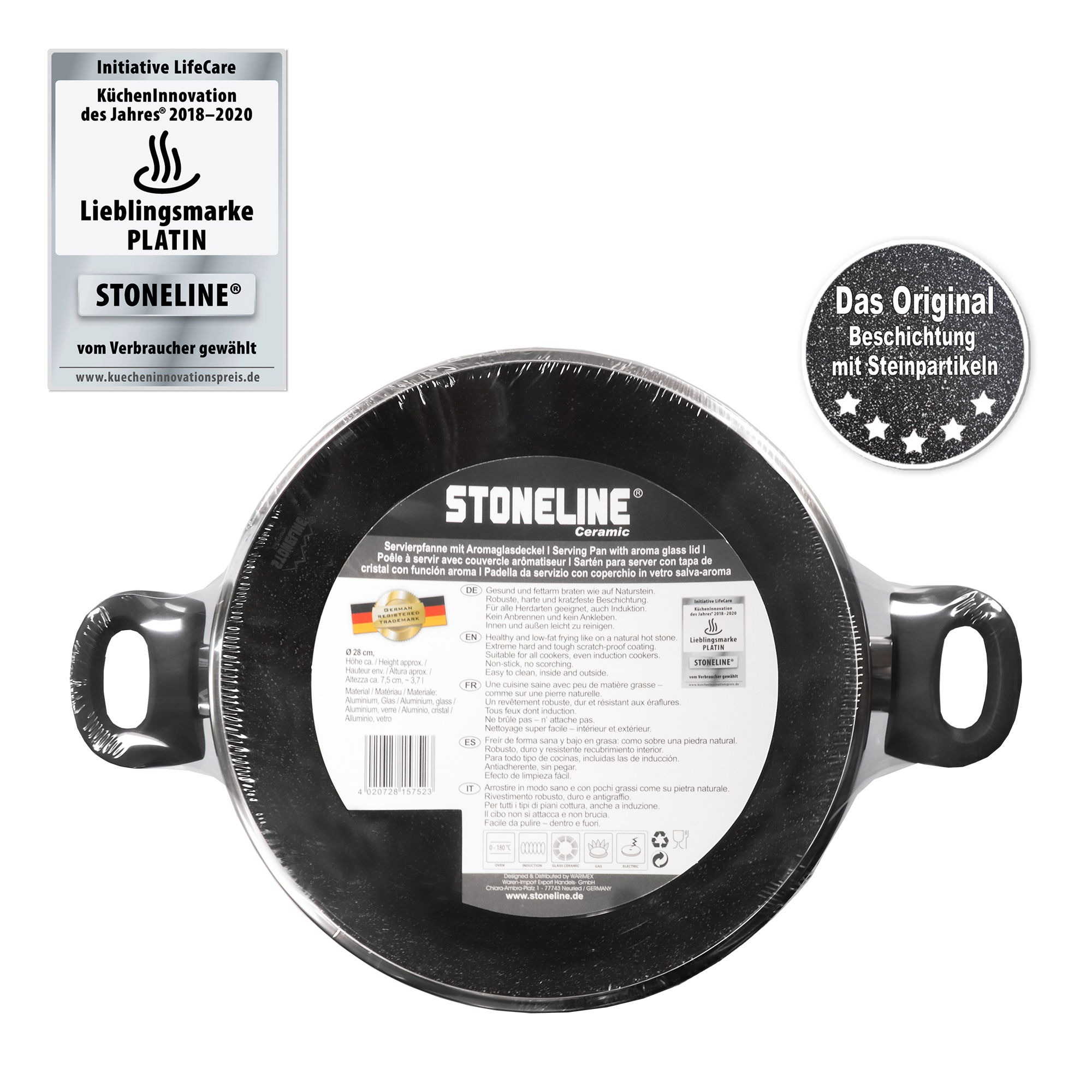 STONELINE® Tegame con Maniglie in CERAMICA 28 cm, con Coperchio Aroma, Antiaderente