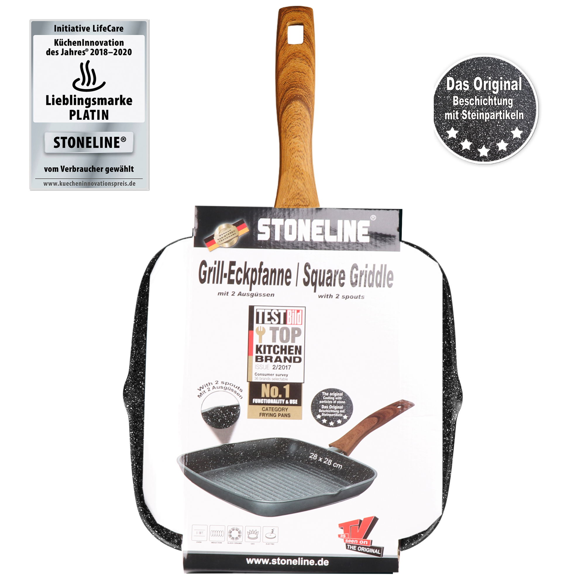 STONELINE® Sartén Parrilla 28 cm, 2 Vertedores, Sartén Antiadherente | Back to Nature