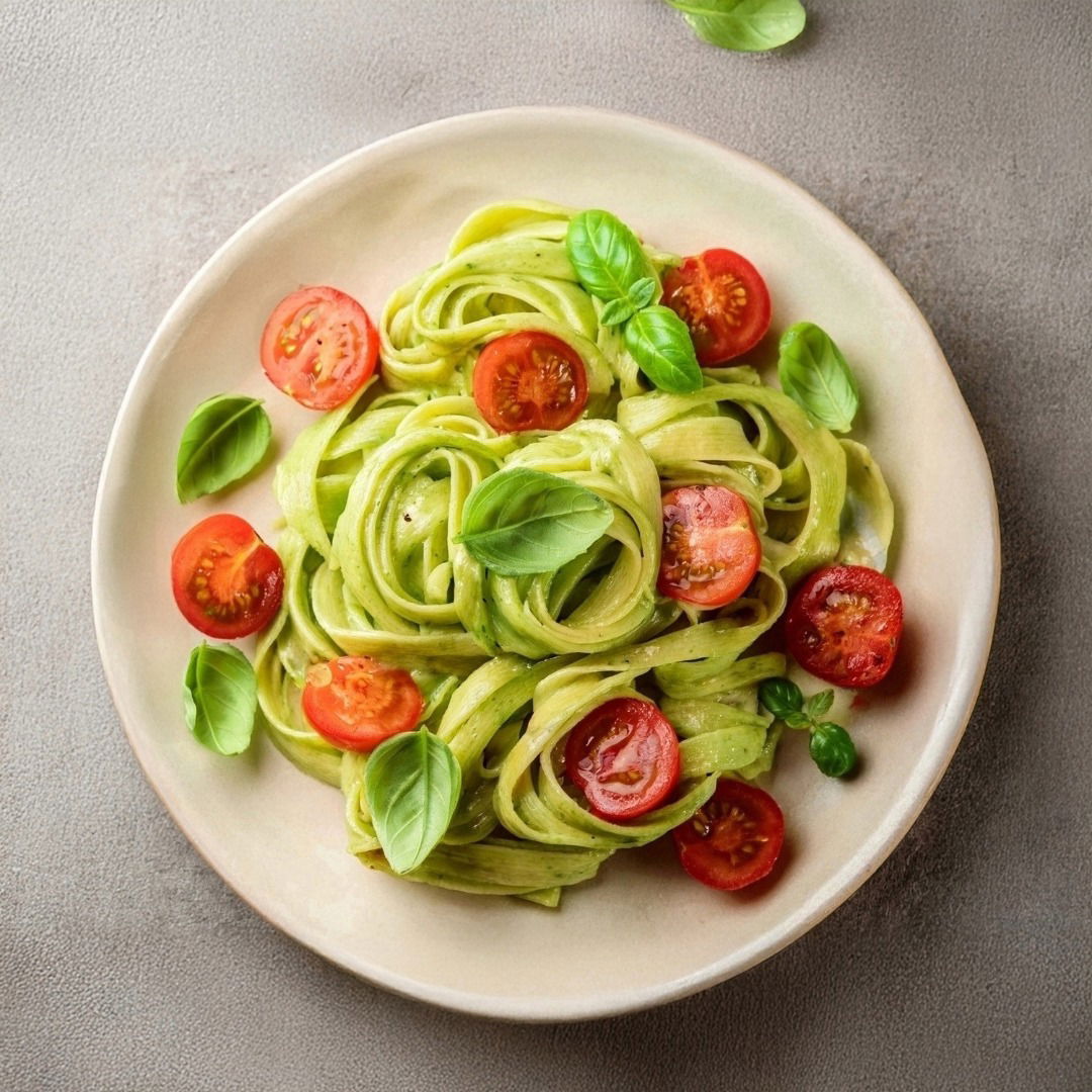 Cremige Avocado-Pasta mit Tomaten und Basilikum