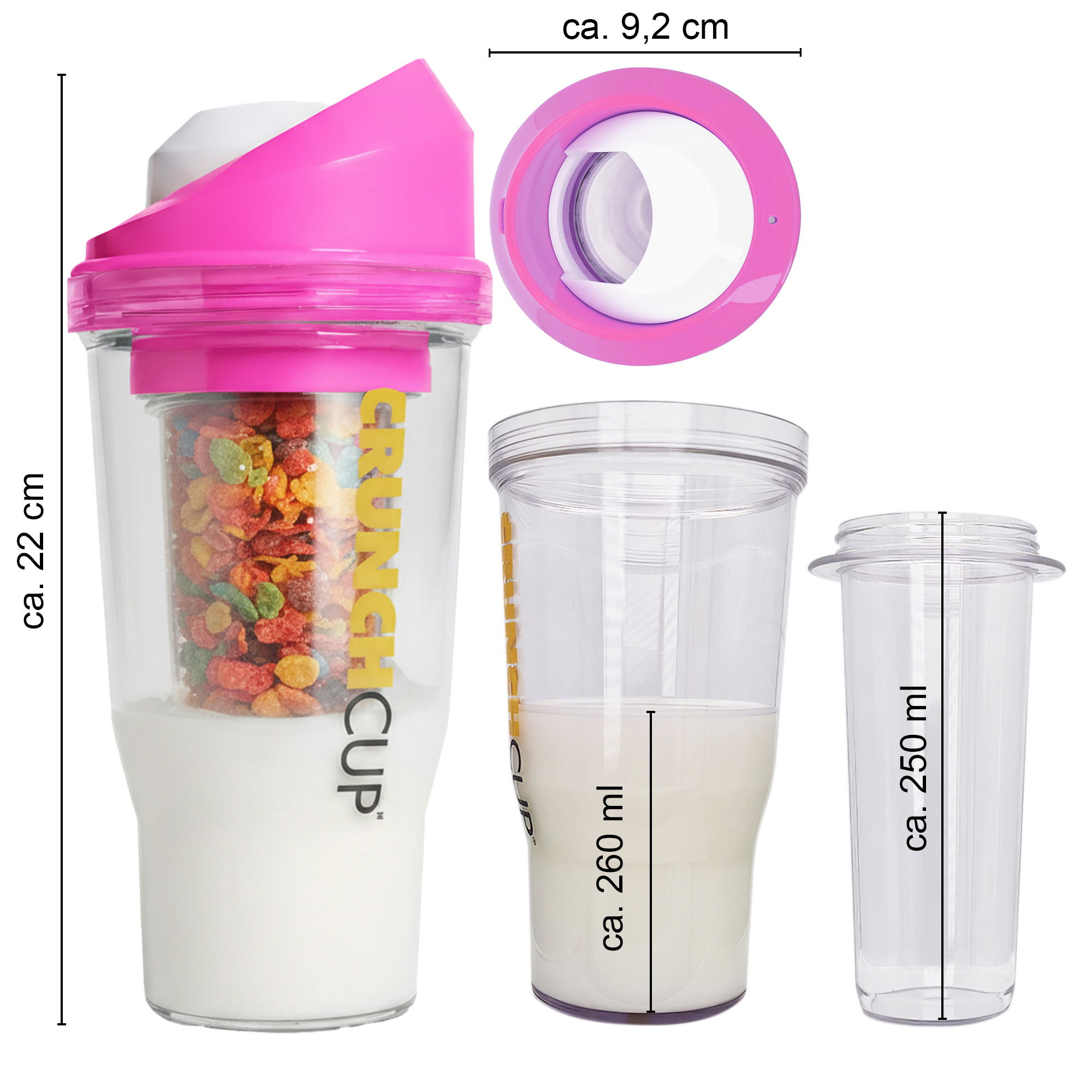 CrunchCup Original Vaso de Cereales para Llevar 260 + 250 ml | Pink