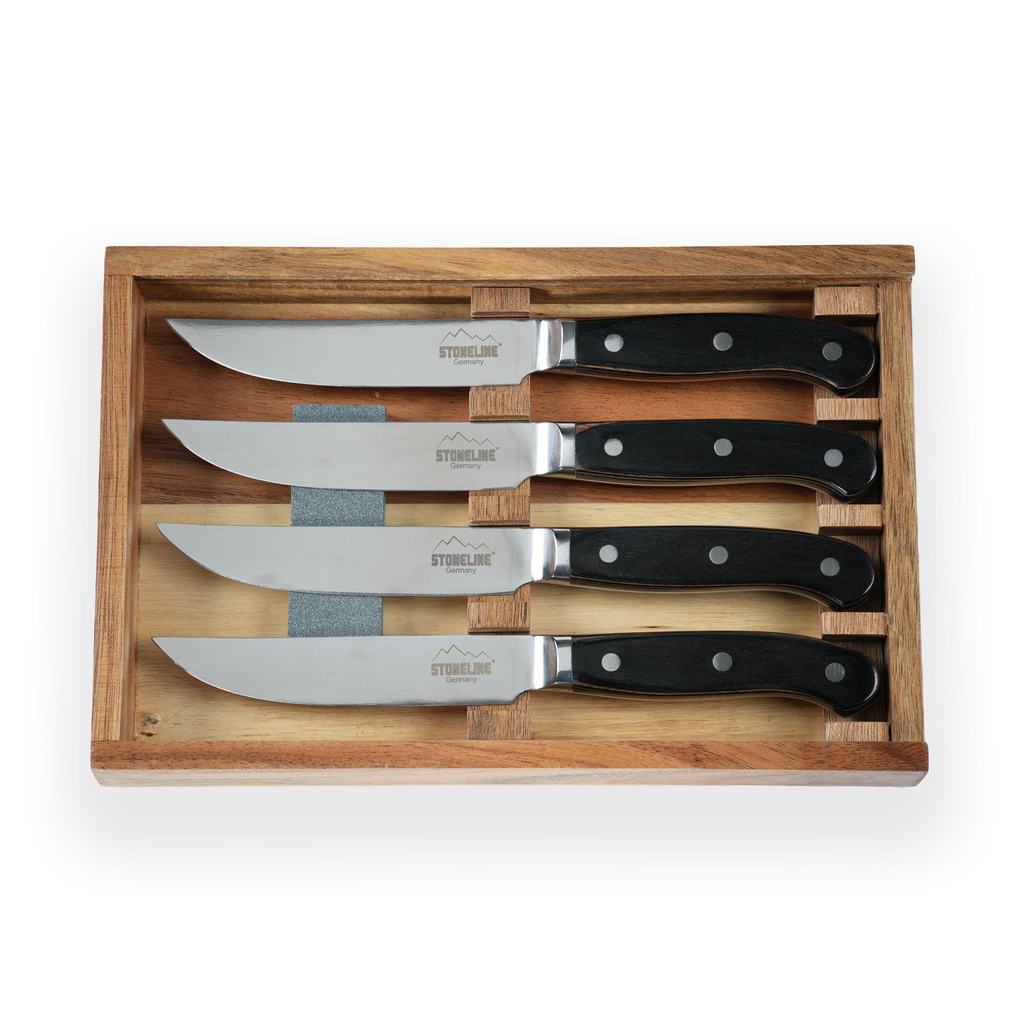 STONELINE® 4 pc Stainless Steel Steak Knives Set Wooden Handle, Sharpener, Wooden Box