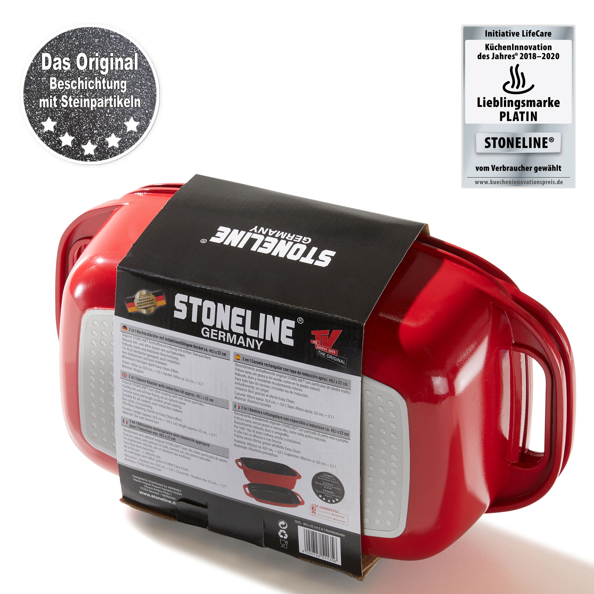 STONELINE® Bräter 40 x 22 cm mit Deckel, Induktion und backofengeeignet, Antihaftbeschichtung, rot