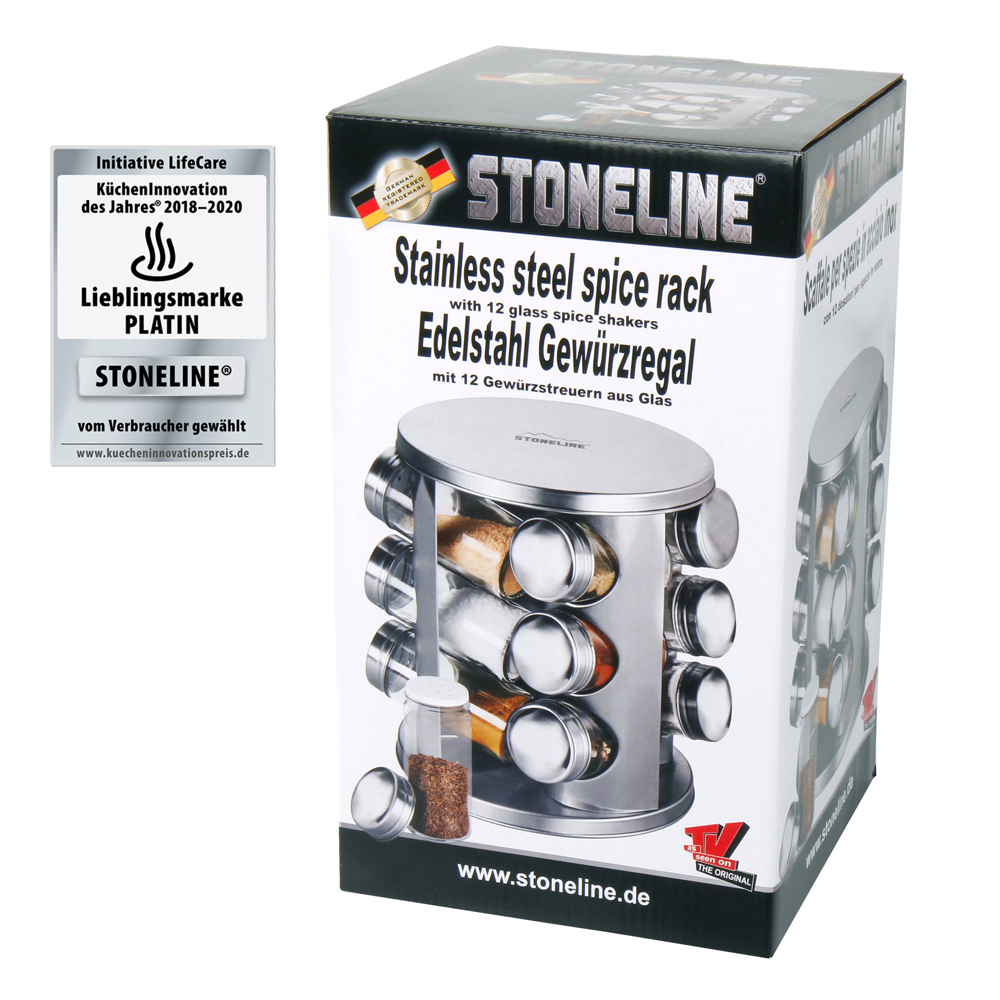 STONELINE® Rotating Spice Rack, with 12 Glass Jars and Labels | Kitchen Organizer