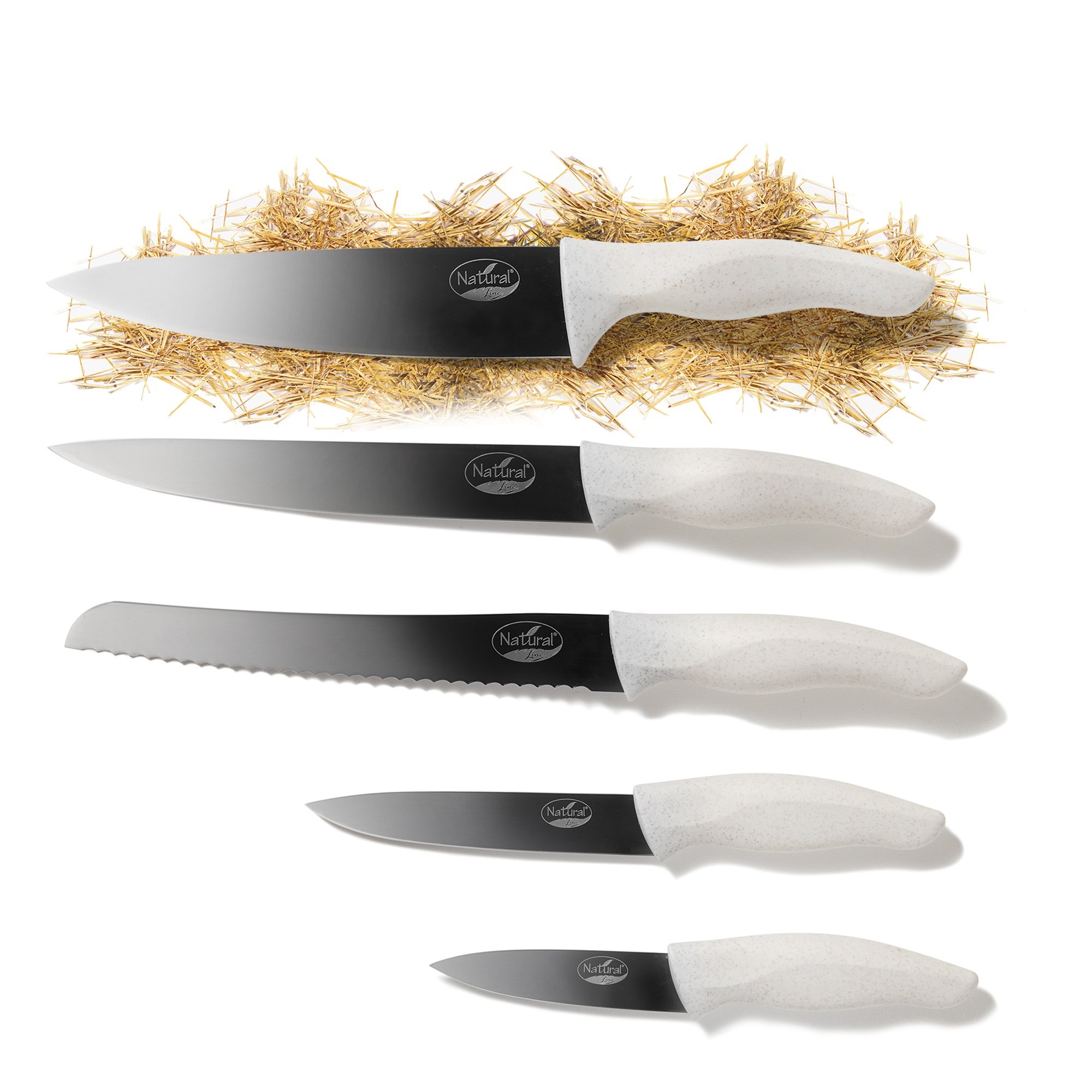 Set di coltelli in acciaio inox Natural Line®, 5 pezzi, con blocco coltelli magnetico pieghevole, con manici in paglia