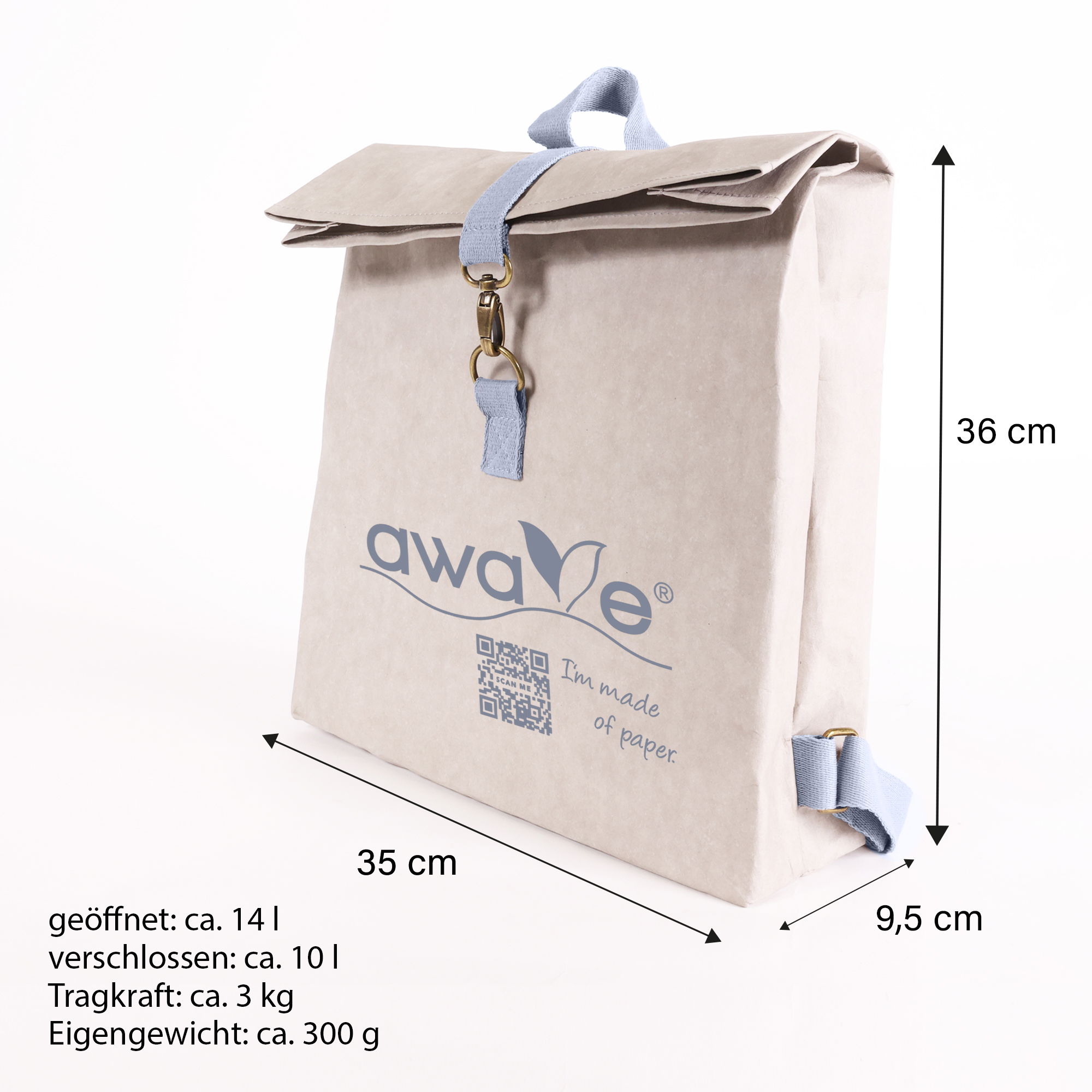 AWAVE® Zaino in Pelle Vegana Ecologica 10 L, Zaino in Carta Kraft, Chiusura a Ribalta