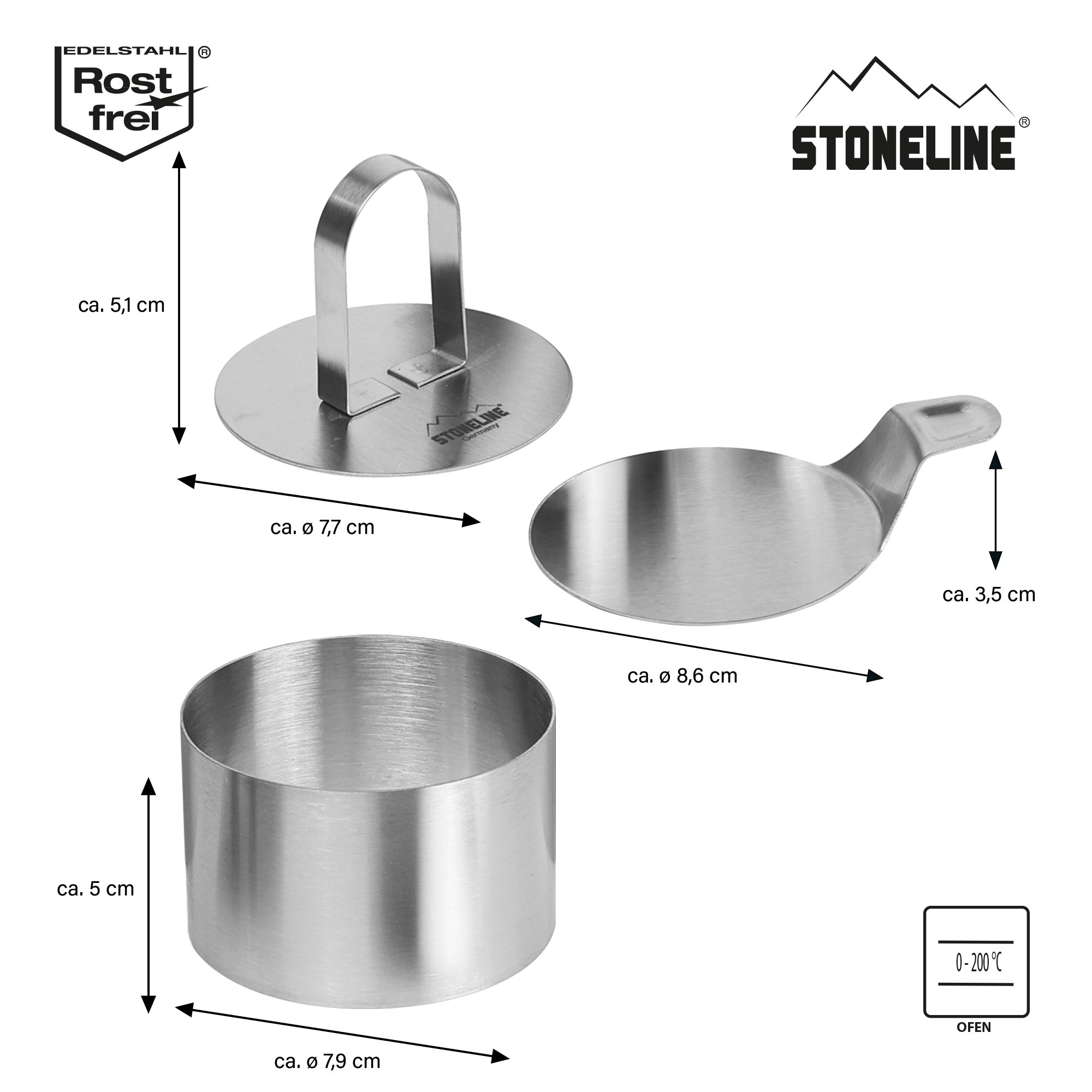 STONELINE® Dessert rings and food rings set, 8 pieces, stainless steel, 6 rings, 1 lifter, 1 punch, round