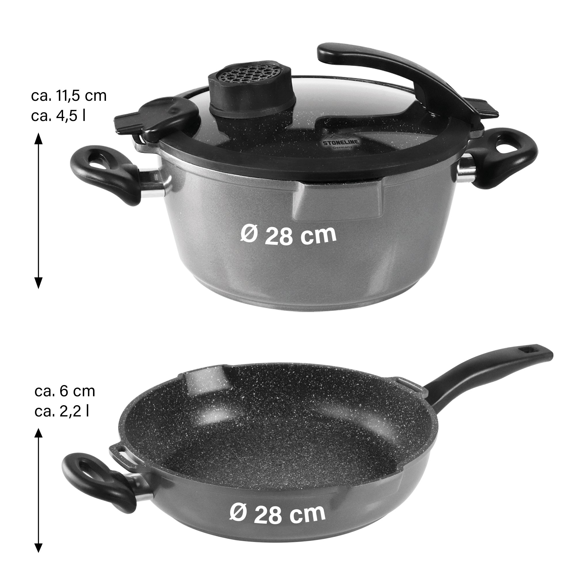STONELINE® 3 pc Cookware Set 28 cm, Strainer Lid, Odour & Aroma Function | SMELL WELL
