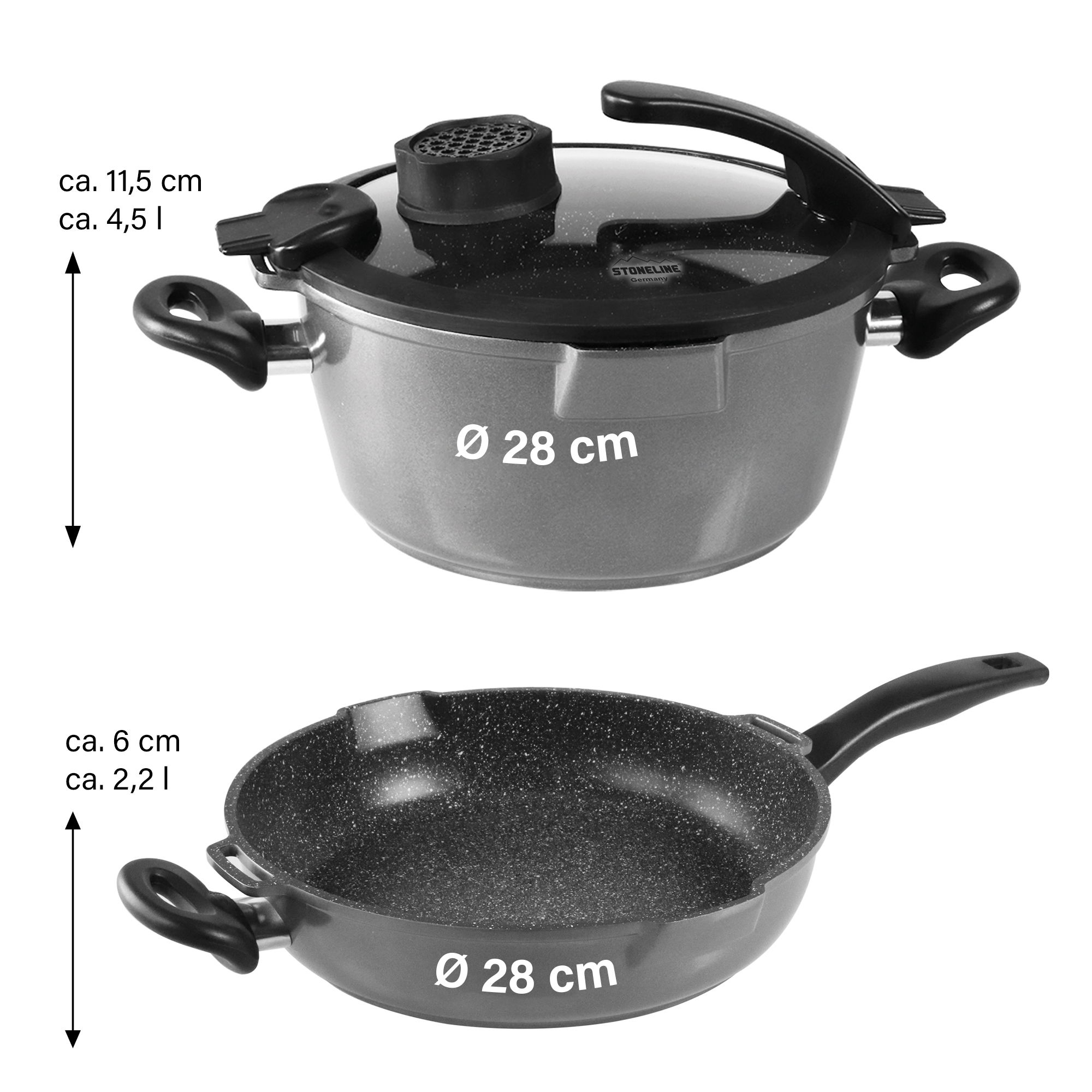 STONELINE® Batterie de cuisine 28 cm 3 pièces, couvercle passoire | SMELL WELL