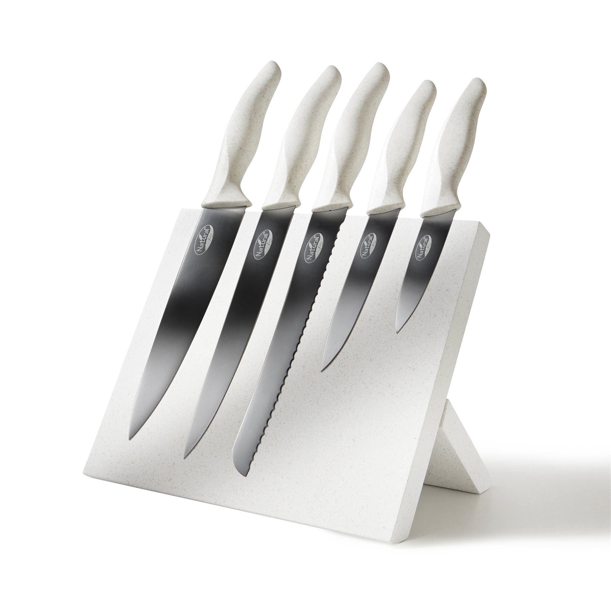Natural Line® stainless steel knife set, 5 pcs., with folding magnetic knife block, with handles made of straw