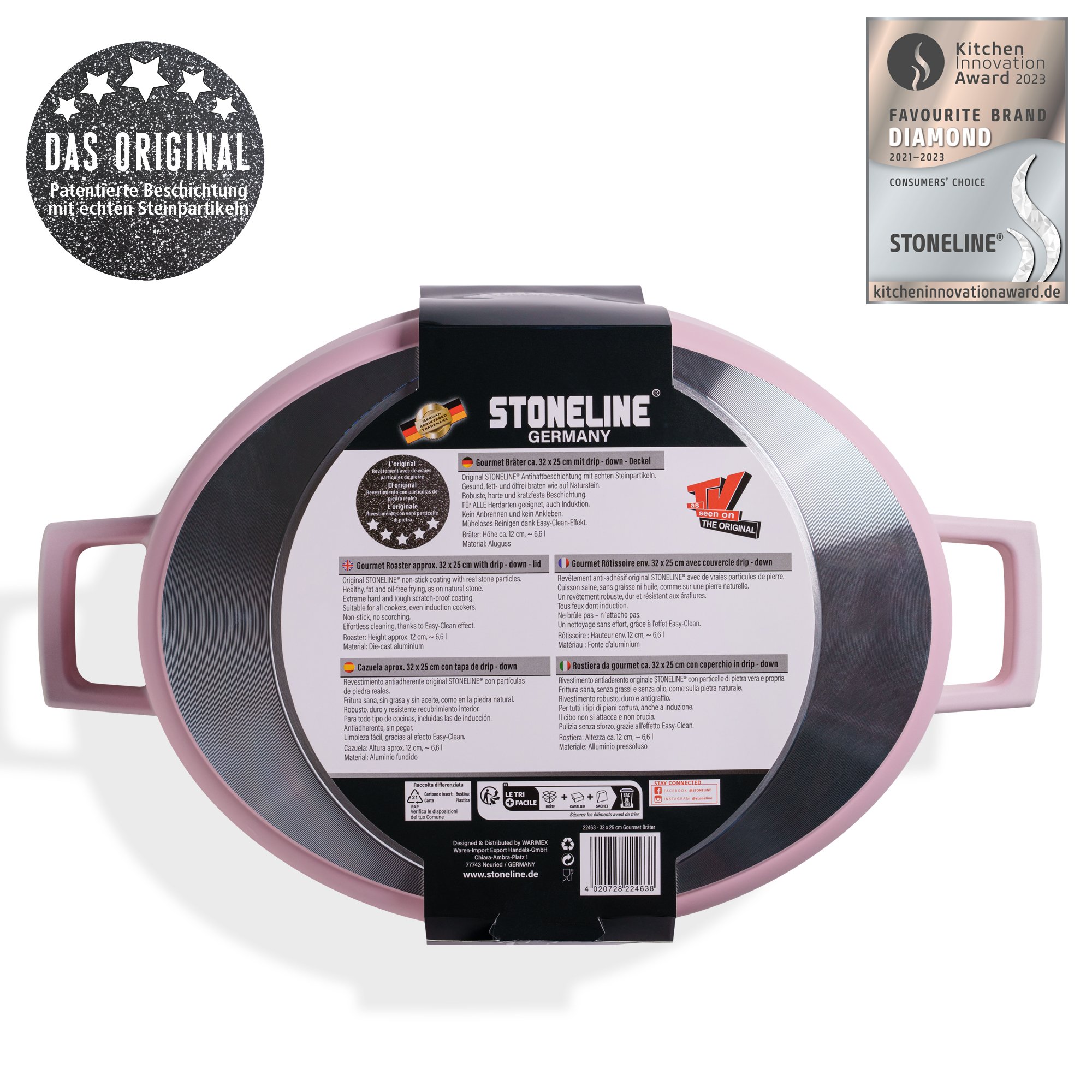 STONELINE® Gourmet asador 32x25 cm con tapa, apto para horno e inducción, antiadherente, rosa