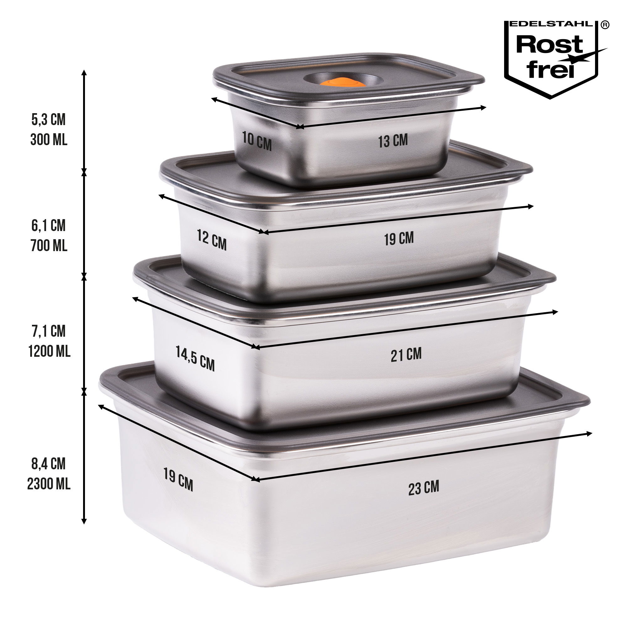 Vakuum Frischhaltedose 300/700/1.200/2.300 ml Set 8-teilig | Edelstahl