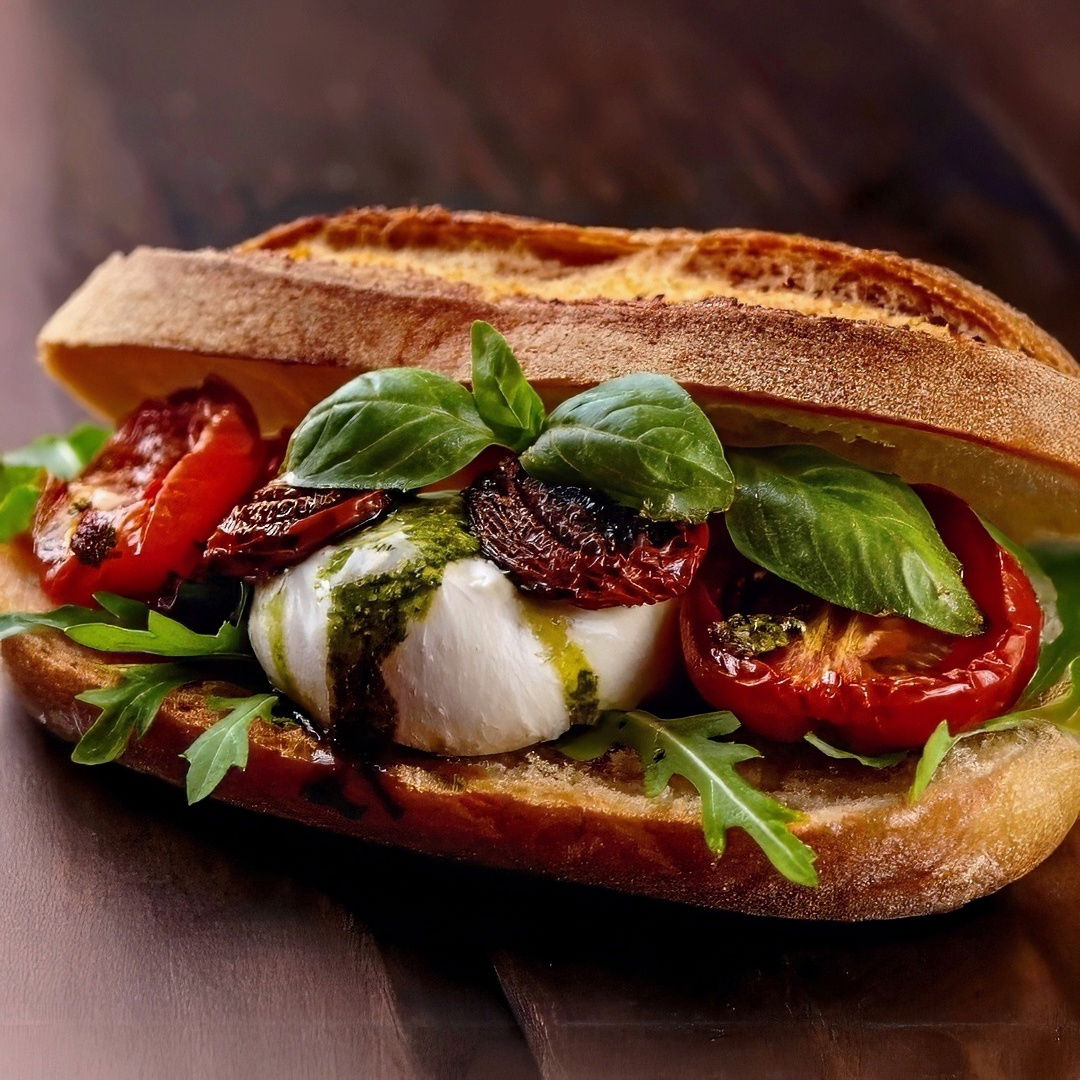 Burrata Sandwich mit Pesto, Balsamico-Zwiebeln – Das perfekte Gourmet-Sandwich zum Selbermachen!🍅🌿