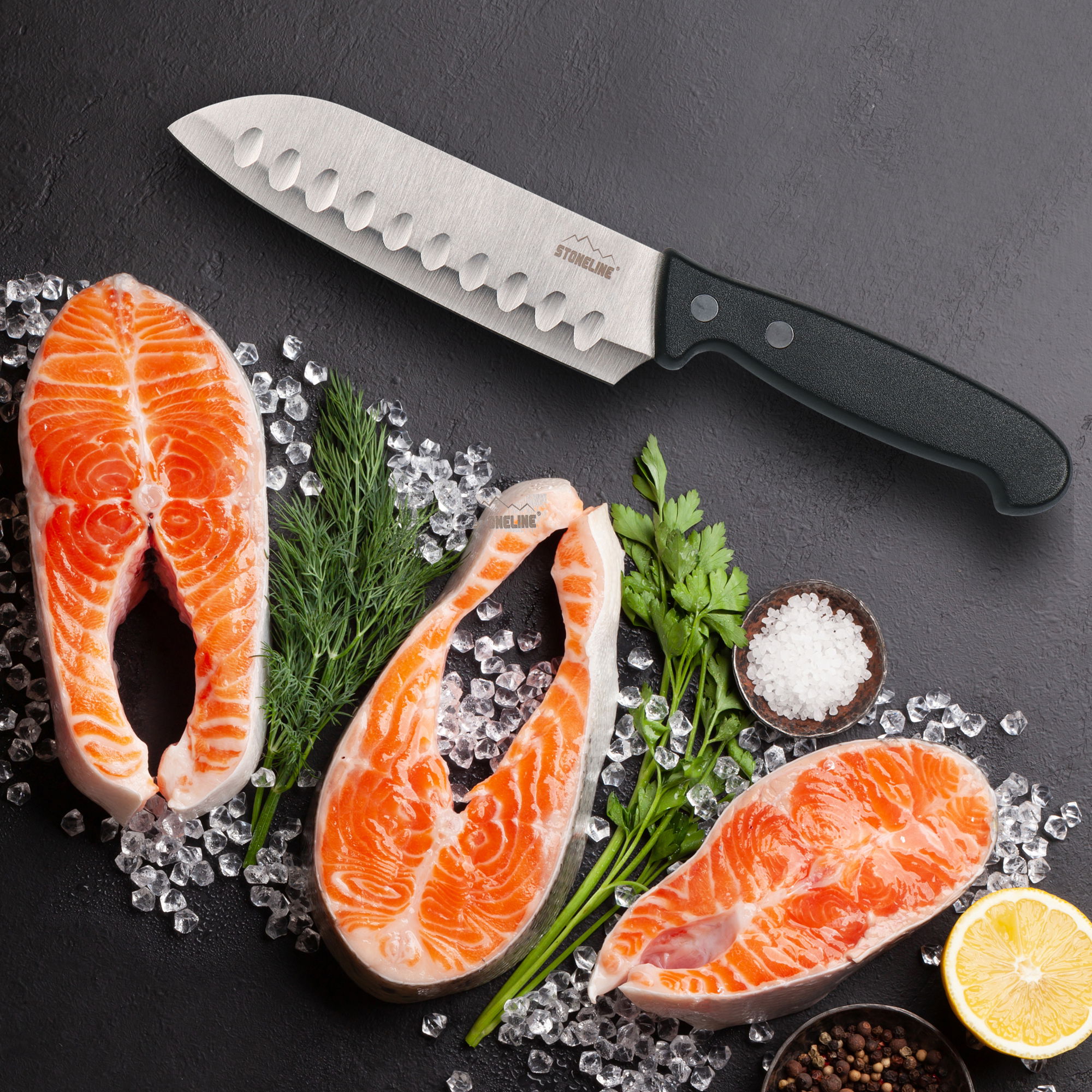 STONELINE® Cuchillo Santoku 22,6 cm Cuchillo Japonés Acero Inox, Funda Protectora