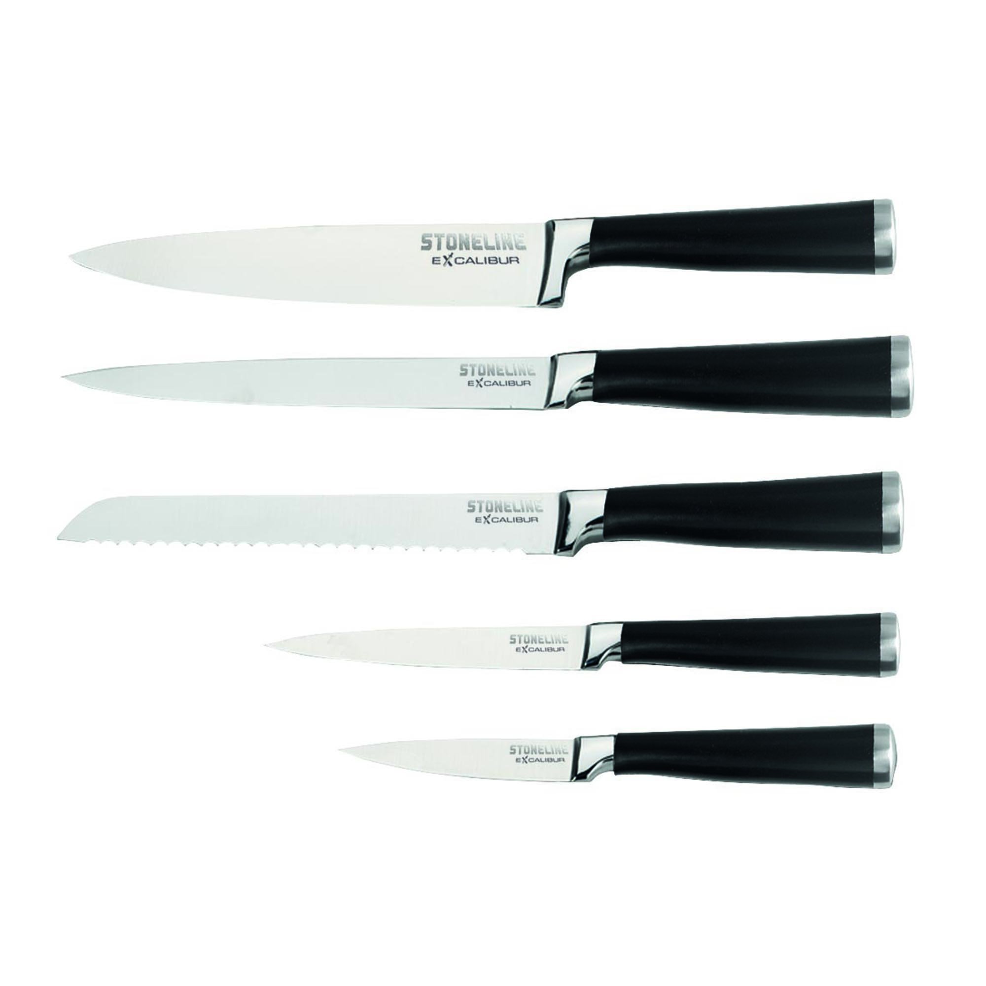 STONELINE® EXCALIBUR® 5 pc Stainless Steel Knives Set, with Knife Block & Grindstone