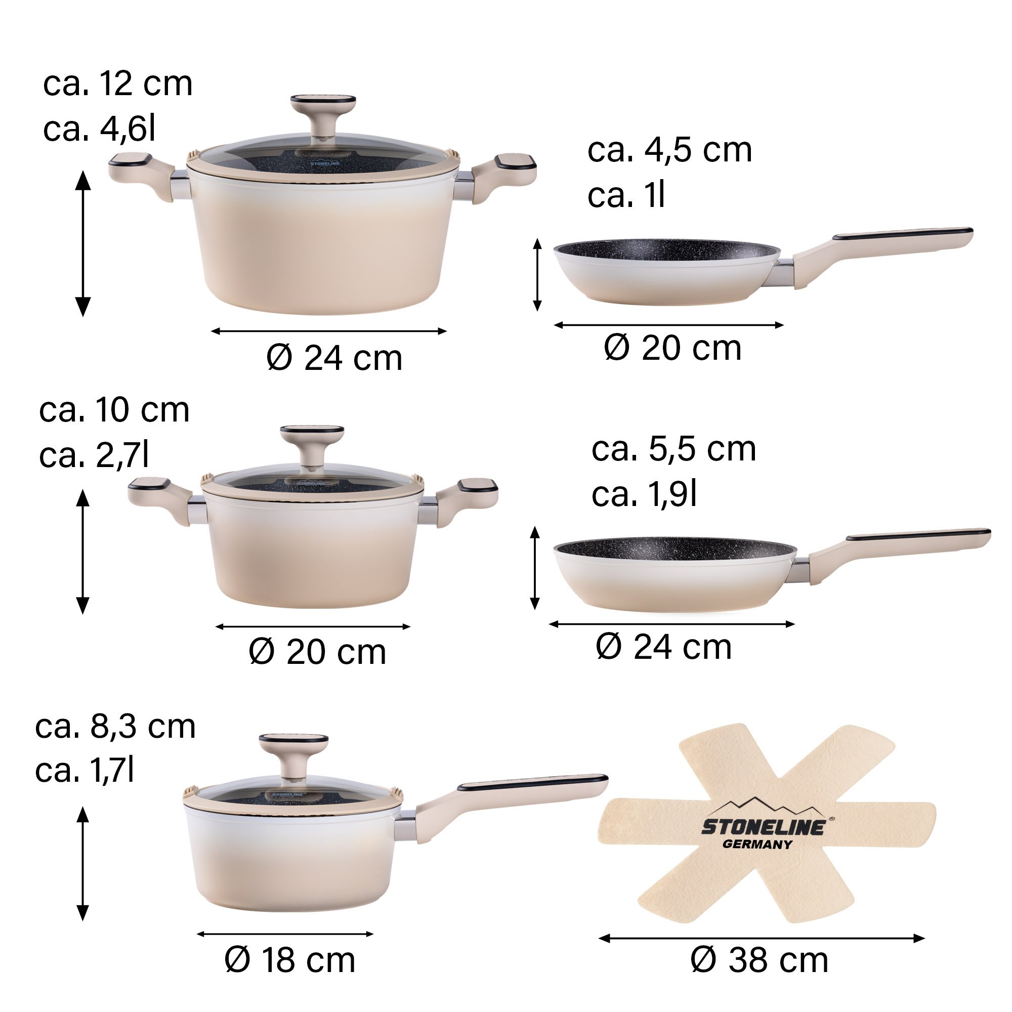 STONELINE® Juego de utensilios de cocina Cream 11 piezas con tapas, ollas y sartenes revestidas