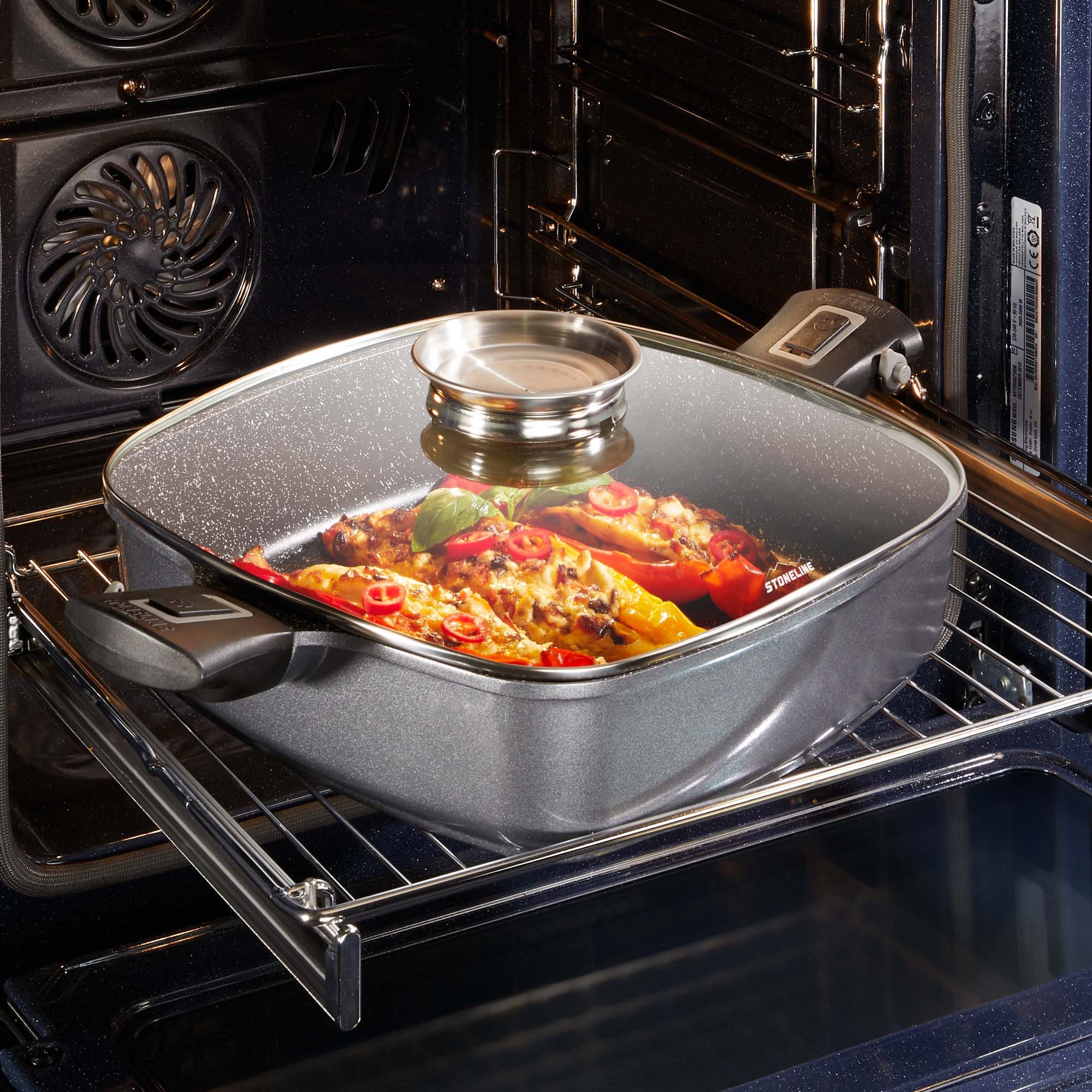 STONELINE® Imagination PLUS corner pan Serving pan 28 x 28 cm, corner pan with removable handles, with aroma glass lid