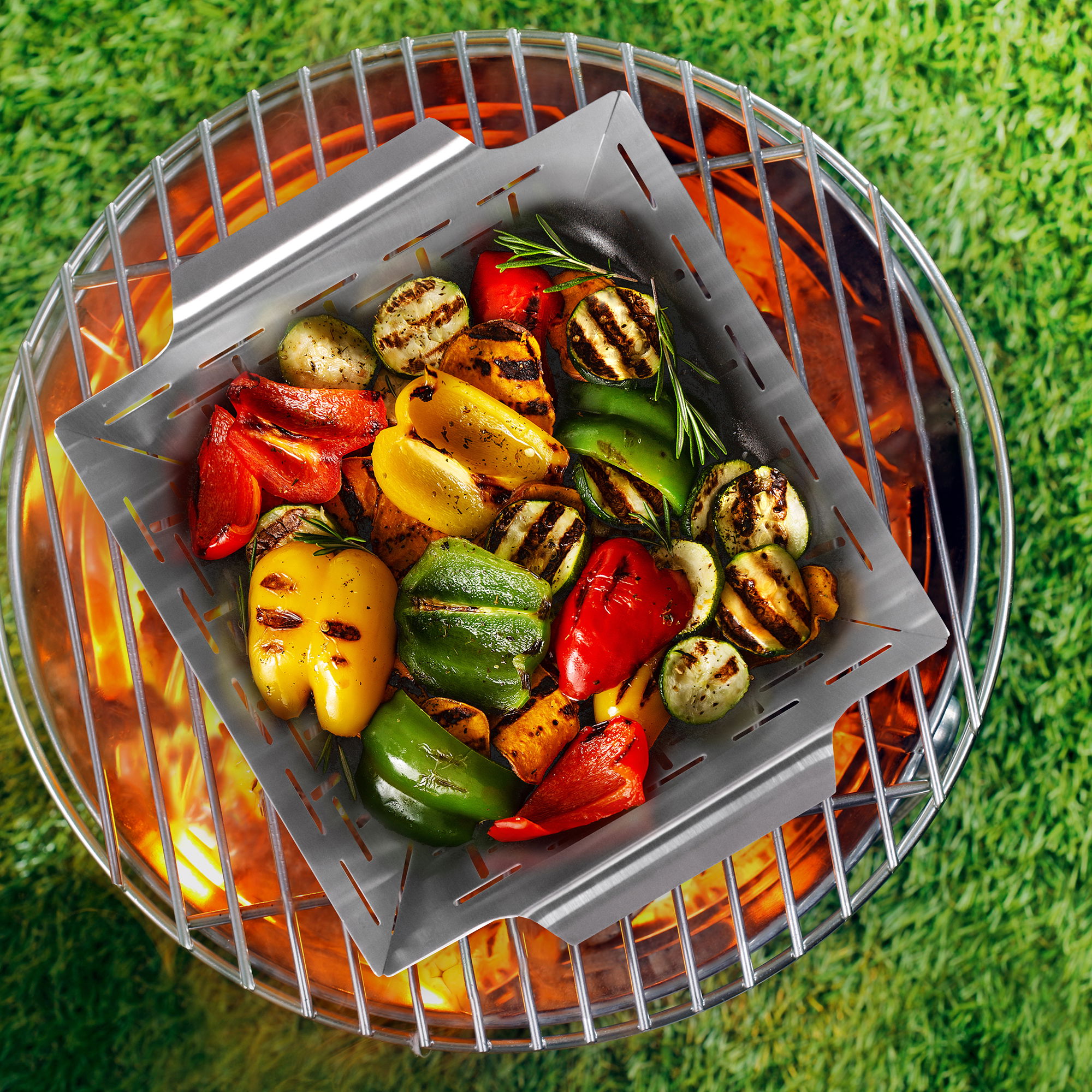 Freyersbacher® Edelstahl-Grillkorb 25 x 21 cm mit Bambusbrett 2-in-1, geeignet für alle Arten von Grills