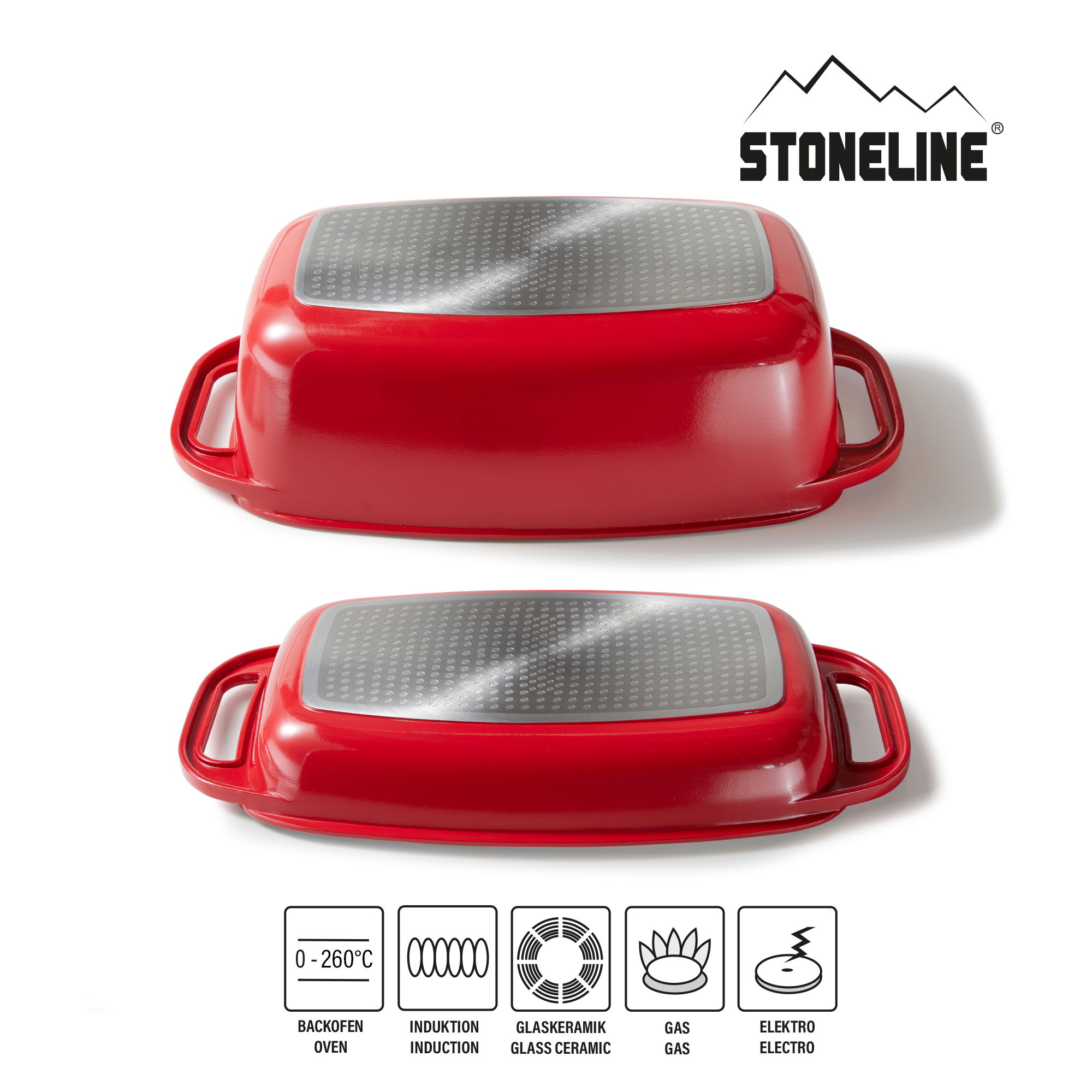 STONELINE® Bräter 40 x 22 cm mit Deckel, Induktion und backofengeeignet, Antihaftbeschichtung, rot