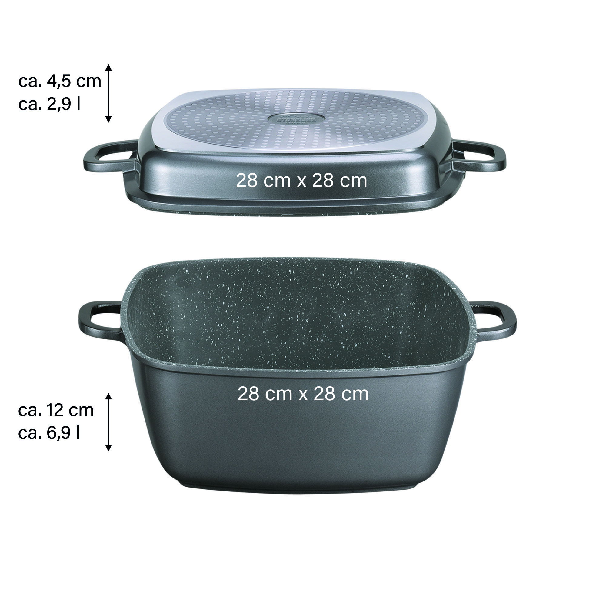 STONELINE® Sartén multi-esquinas 28 x 28 cm, con función de vapor y fritura, apta para inducción y horno