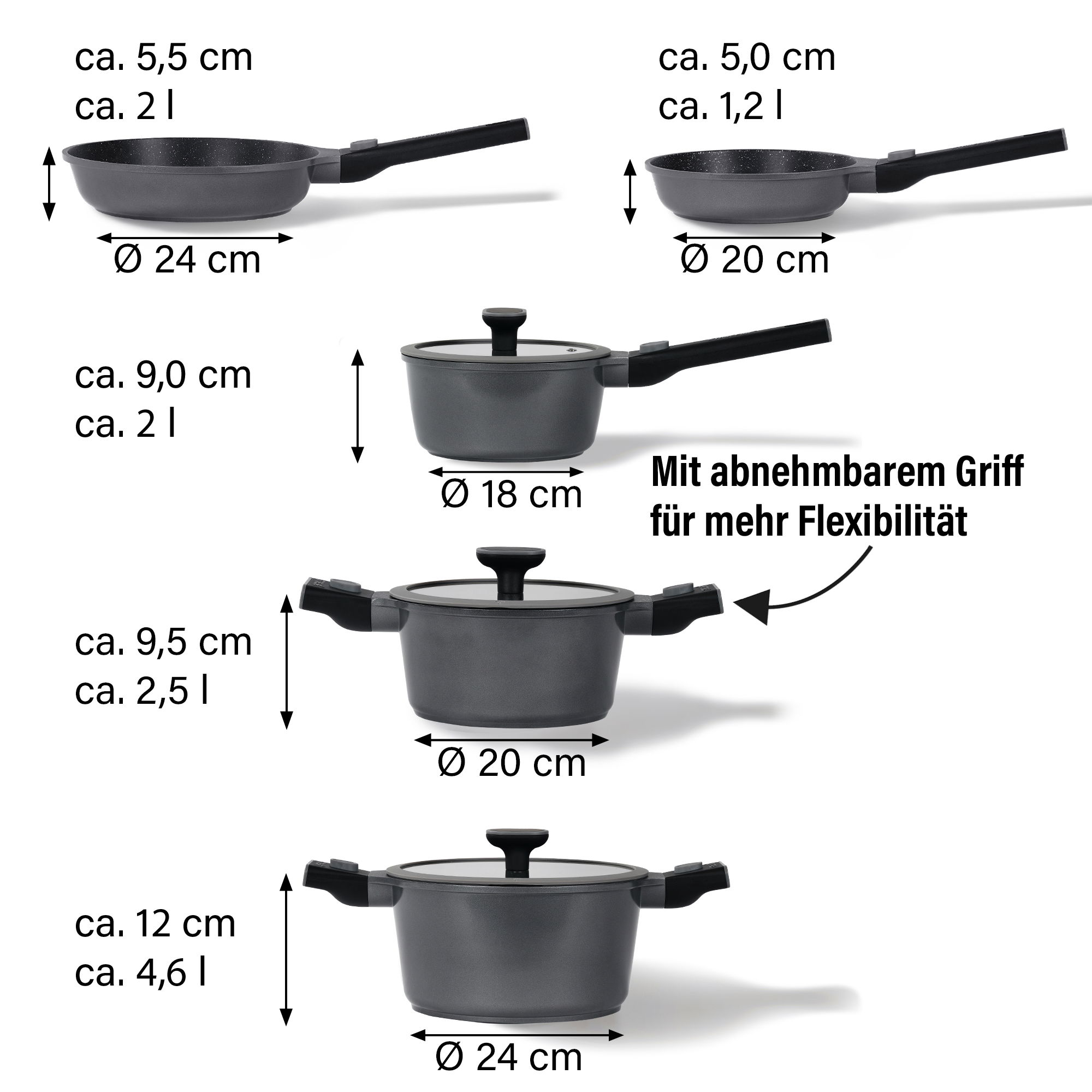 Batterie de cuisine 8 pièces 18/20/24 Poignée amovible | avec couvercles