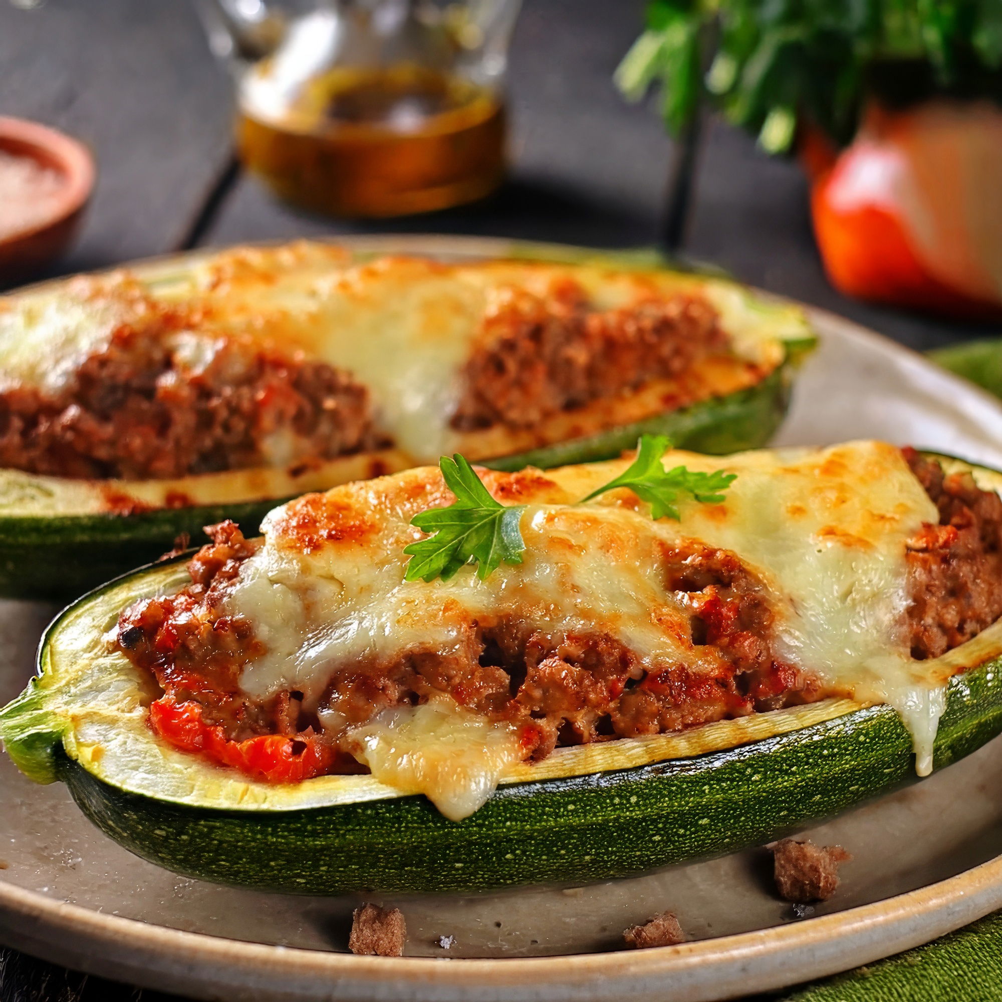 Gefüllte Zucchini mit Hackfleisch und Käse überbacken