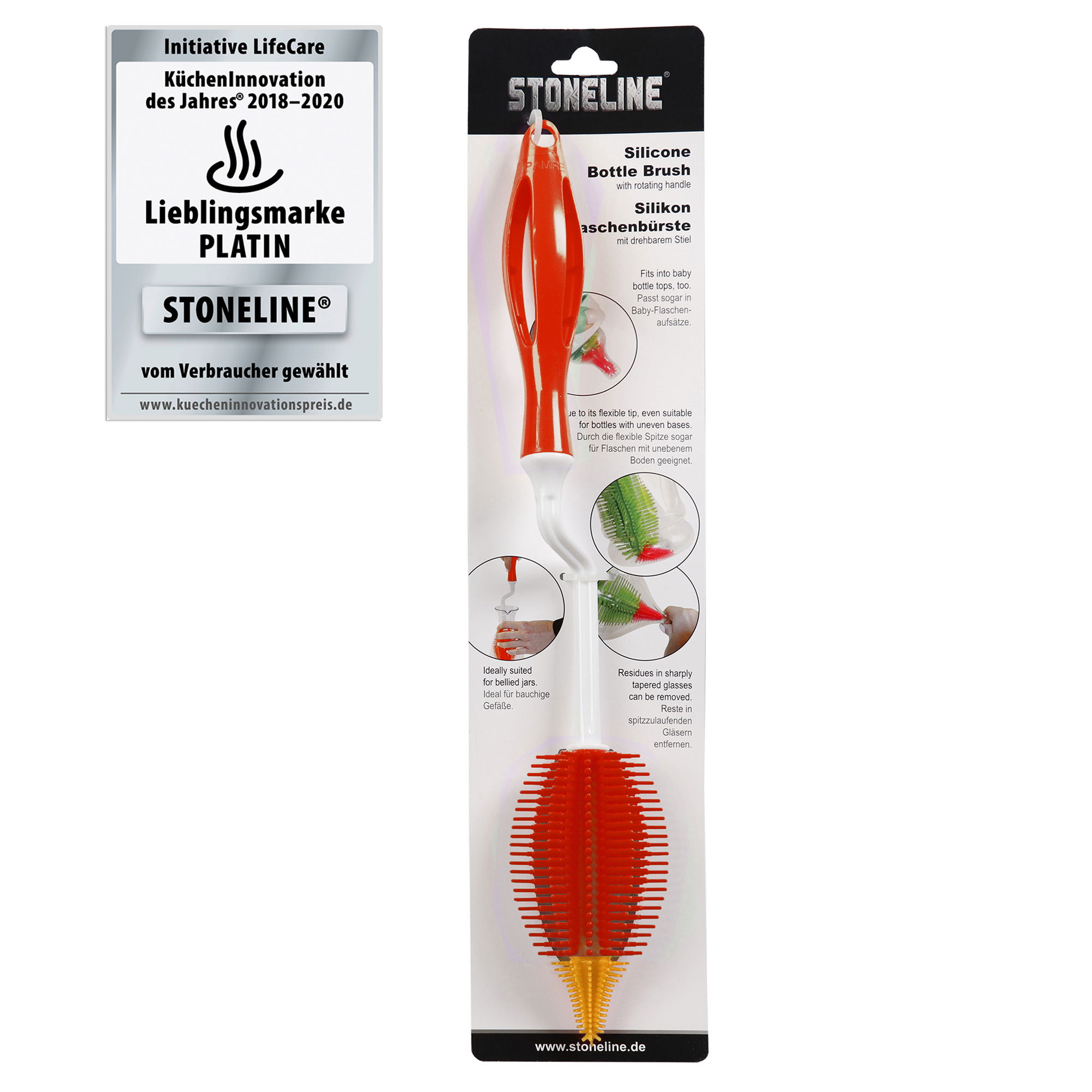 STONELINE® Brosse à bouteille / biberon avec manche courbé en silicone 35 cm, rouge