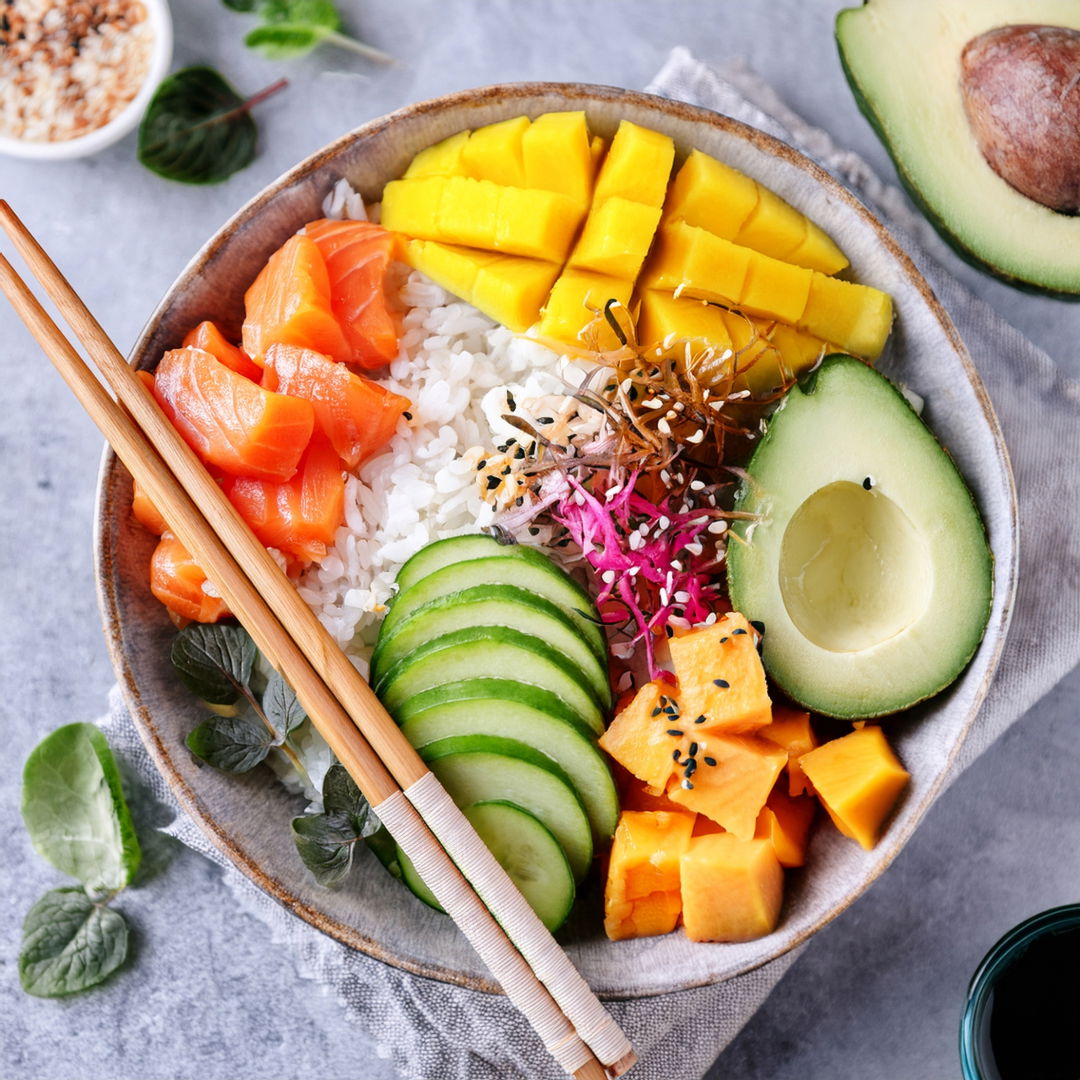 Summer Salmon Poke Bowl with Mango & Avocado