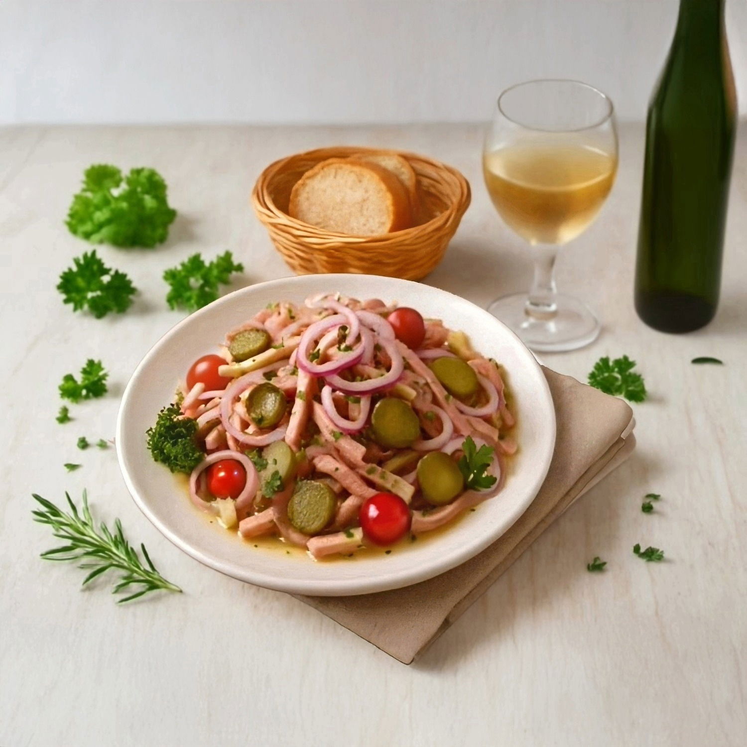 Straßburger Wurstsalat mit Emmentaler - Der beliebte Klassiker aus dem Elsass