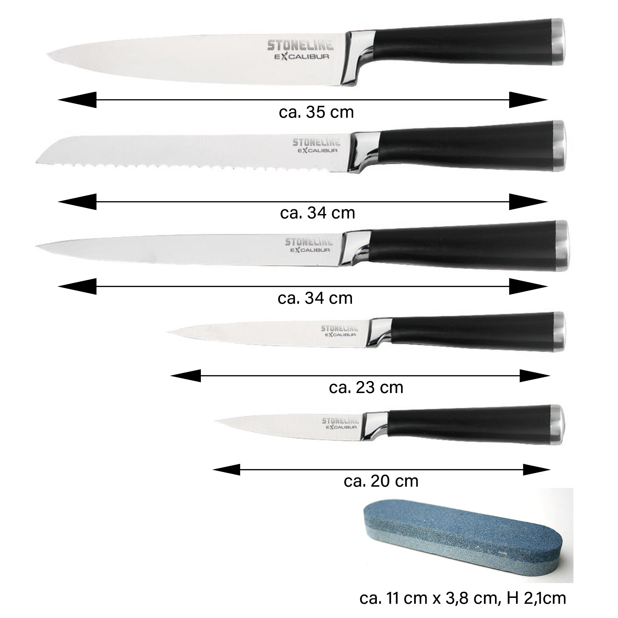 STONELINE® EXCALIBUR® set di coltelli in acciaio inox, 7 pezzi, con ceppo per coltelli