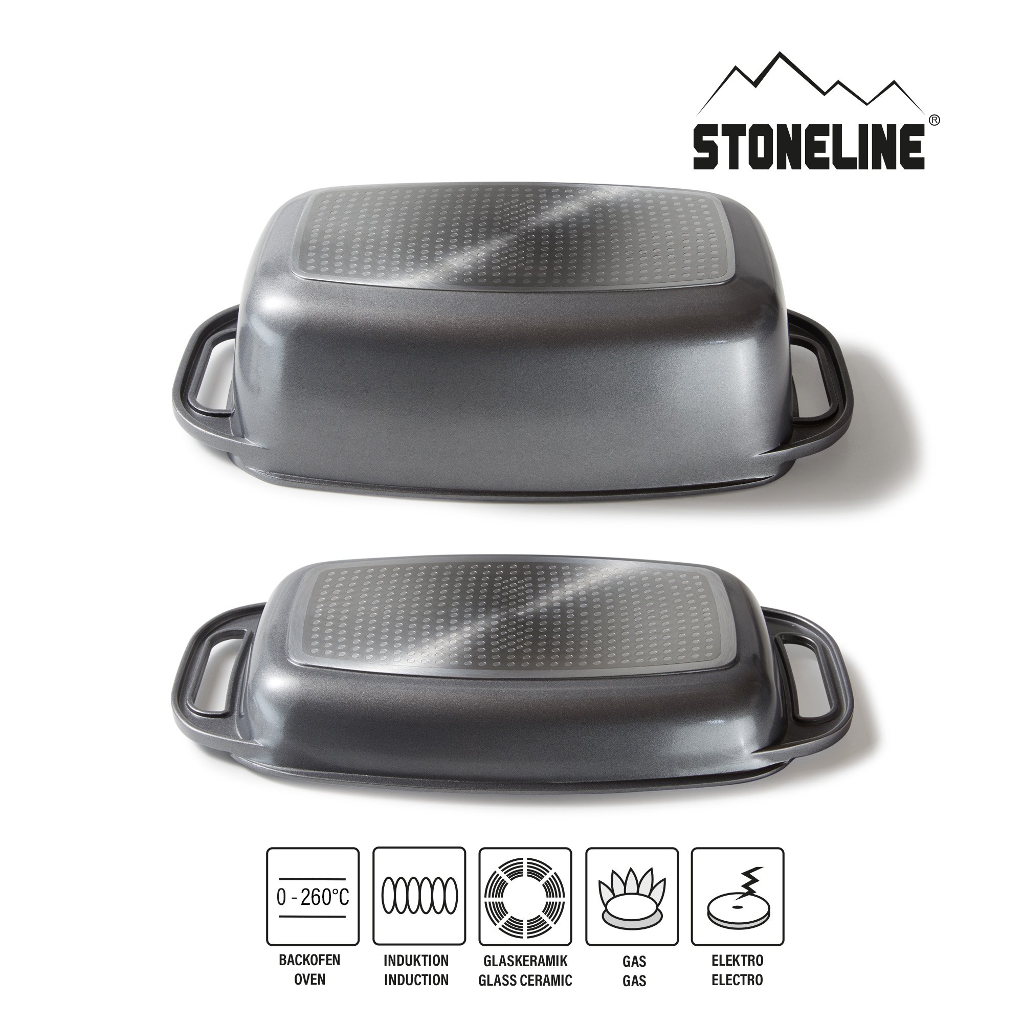 STONELINE® Tostadora 40 x 22 cm con tapa, apta para inducción y horno, revestimiento antiadherente, gris