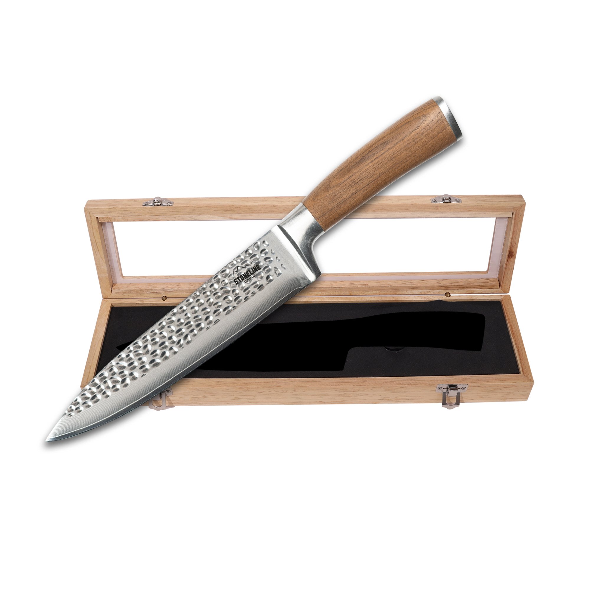 STONELINE® Damascus Steel Chef's Knife 34 cm, Hammered Knife, Wooden Storage Box