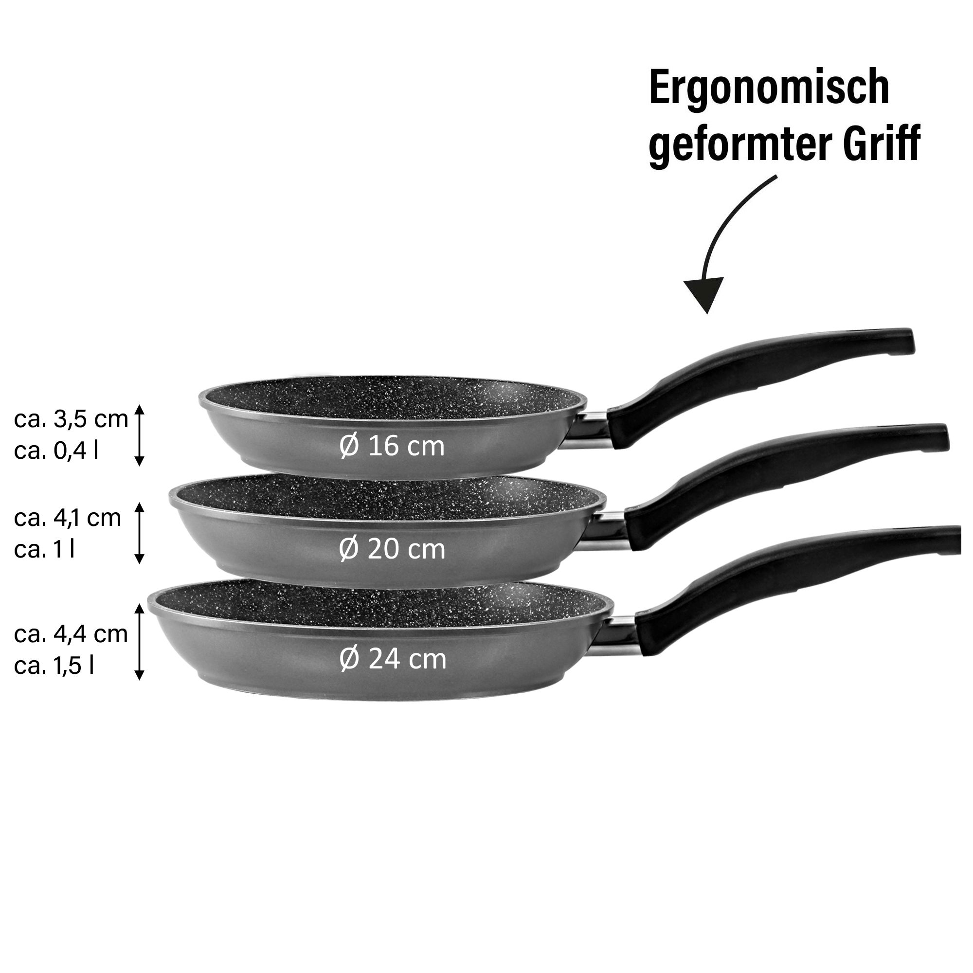 Set de poêles à frire 3 pièces 16/20/24 | sans couvercle - Noir