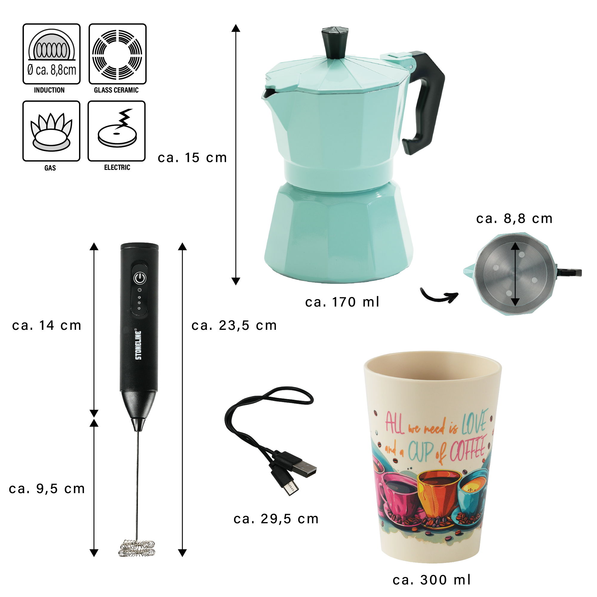 Cafetière italienne espresso 170 ml Set de 4 pièces | Menthe