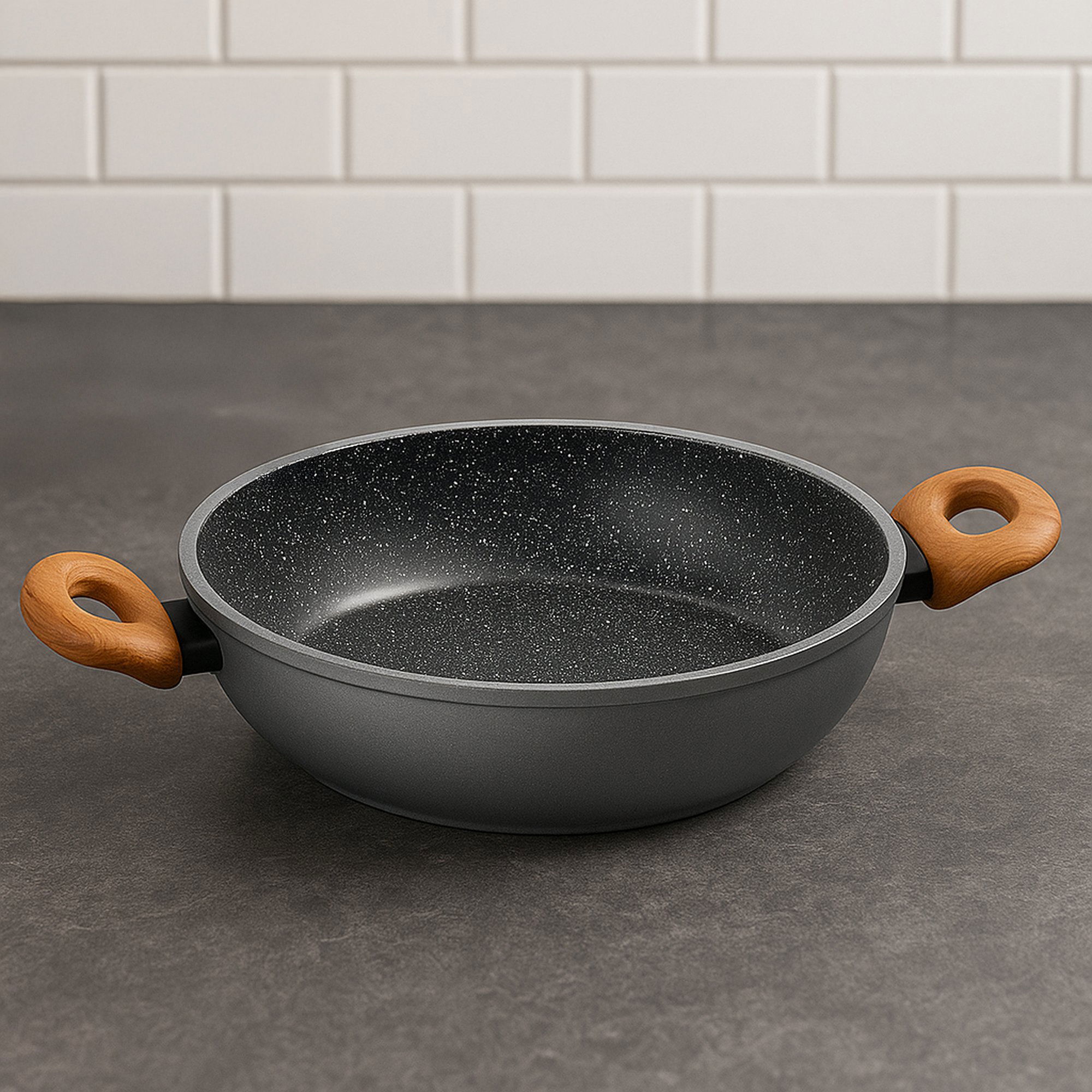 Tegame con Maniglie Padella Alta 28 cm | con Coperchio - Effetto Legno