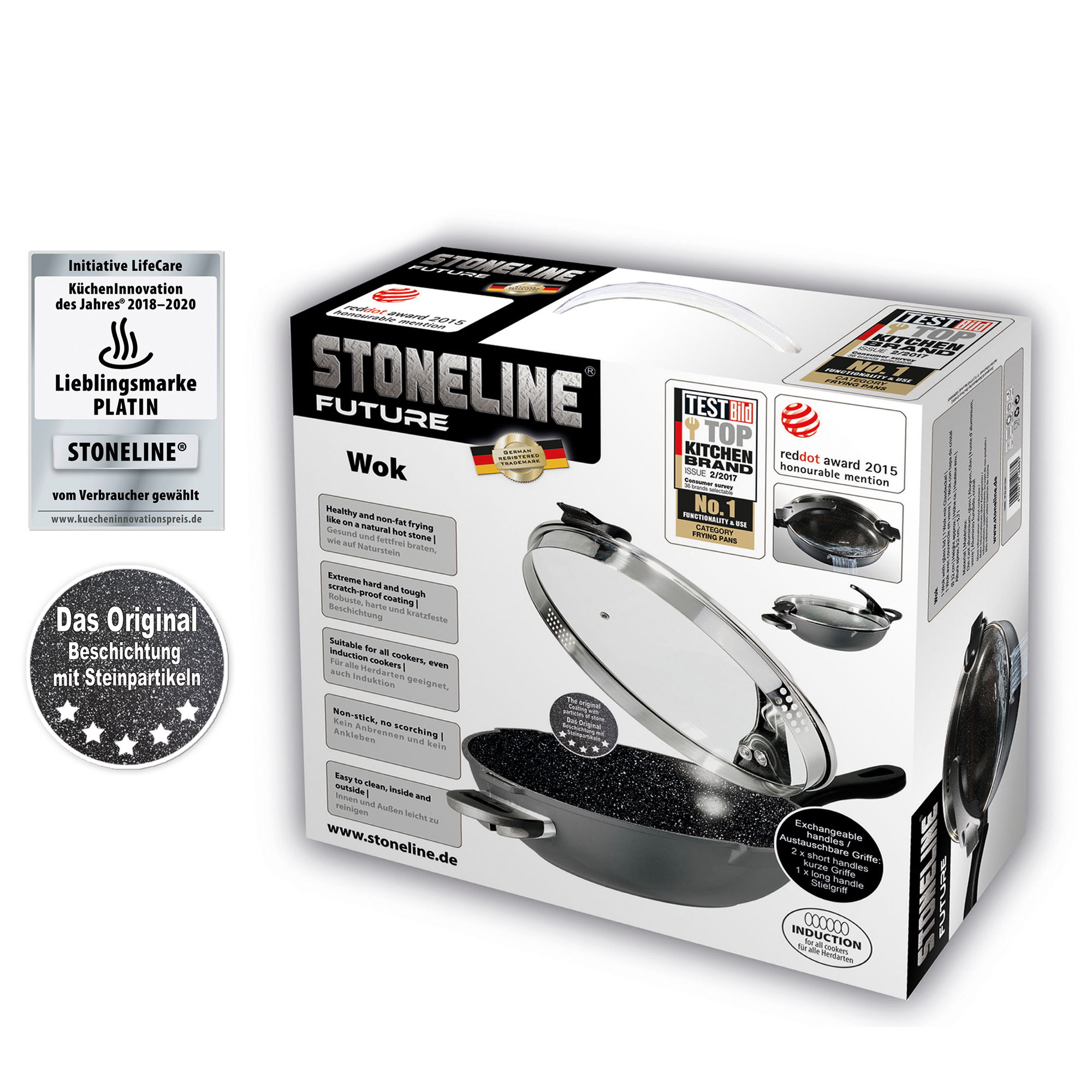 STONELINE® FUTURE Wokpfanne 32 cm, austauschbaren Griffen, mit Siebglasdeckel, Induktion geeignet