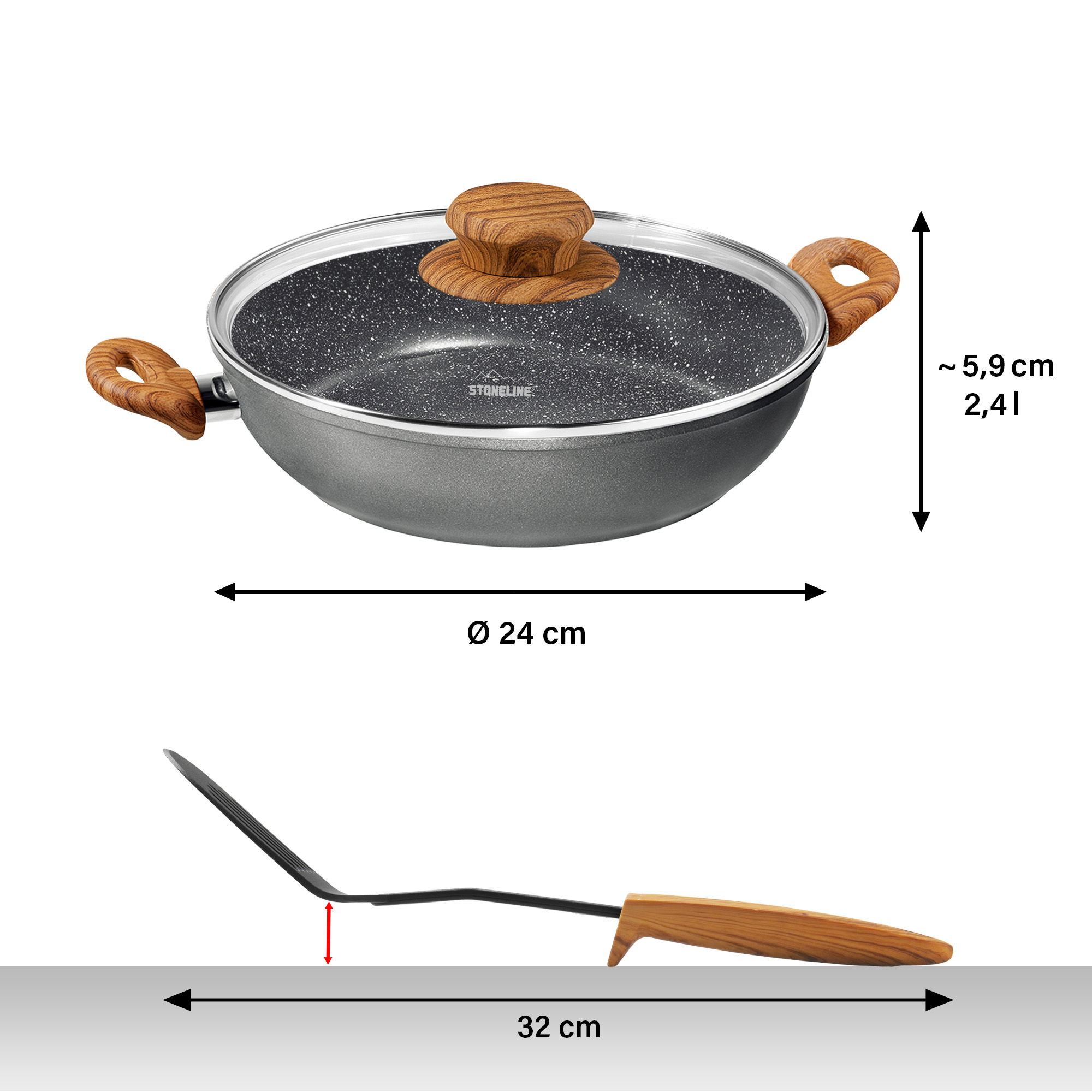 Sartén Honda 2 Asas 24 cm | con Tapa - Efecto Madera