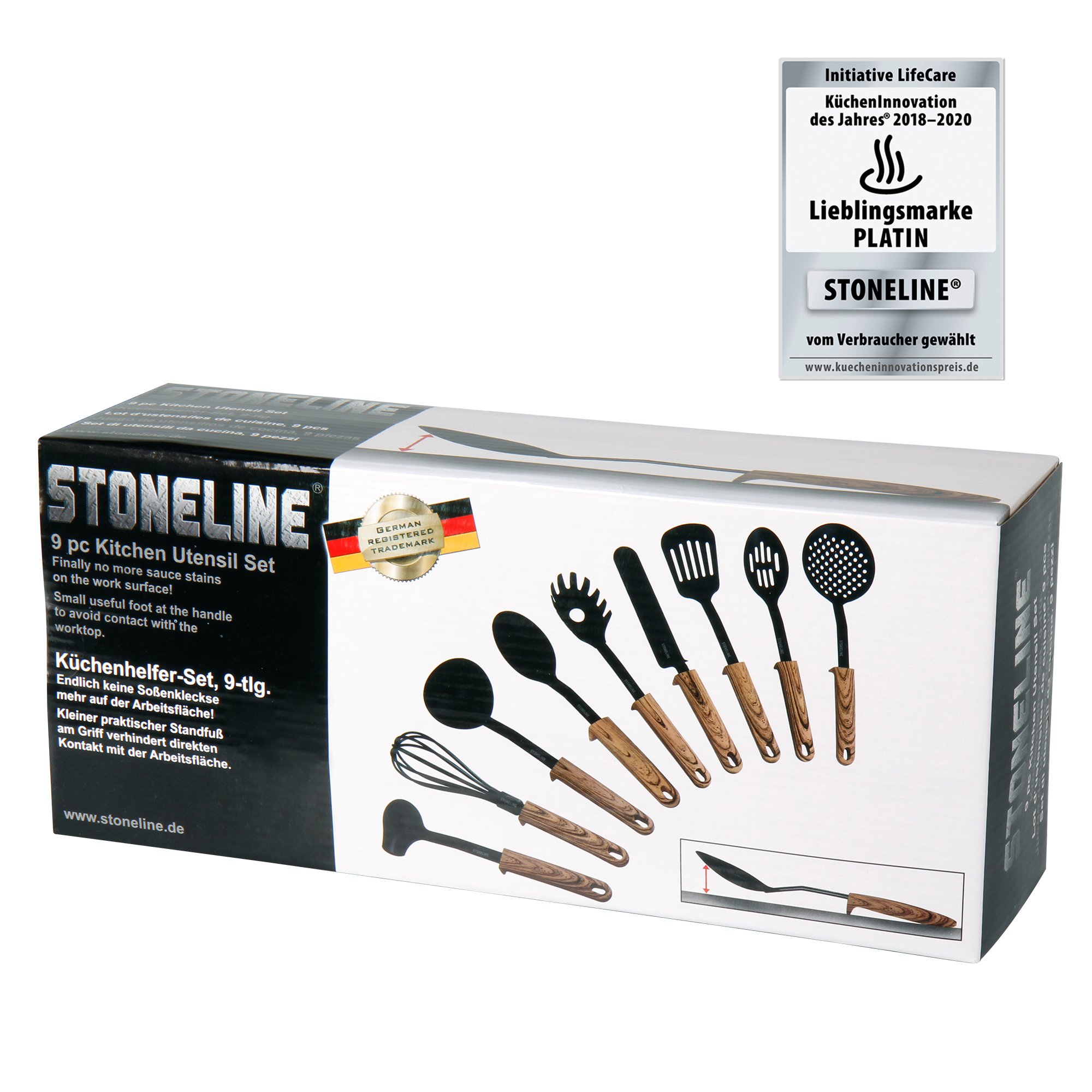 STONELINE® Back to Nature Set di utensili da cucina da 9 pezzi, con pratico supporto, per pentole antiaderenti