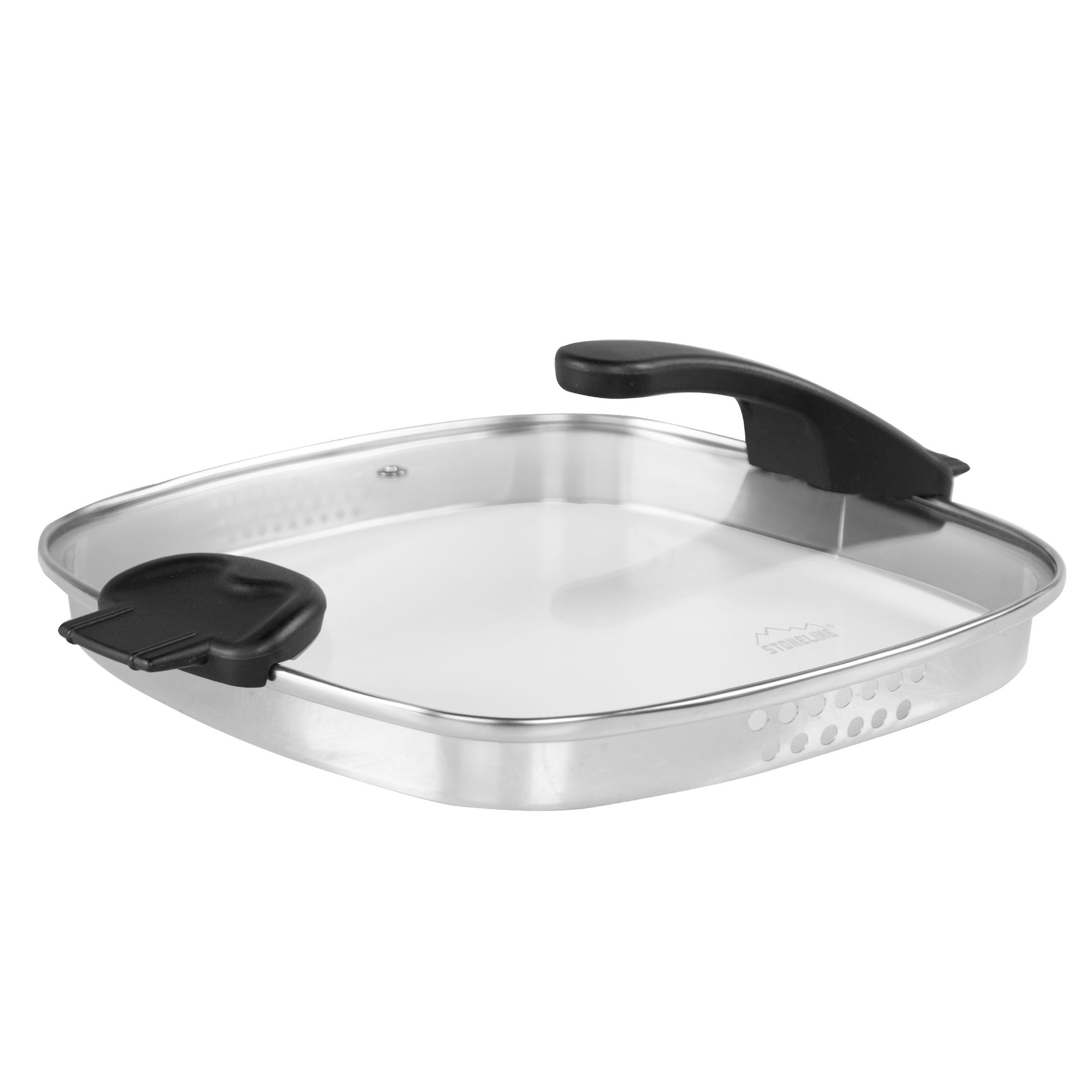 STONELINE® Square Serving Pan 28 cm, Strainer Lid, 2 Spouts, Non-Stick Pan | FUTURE