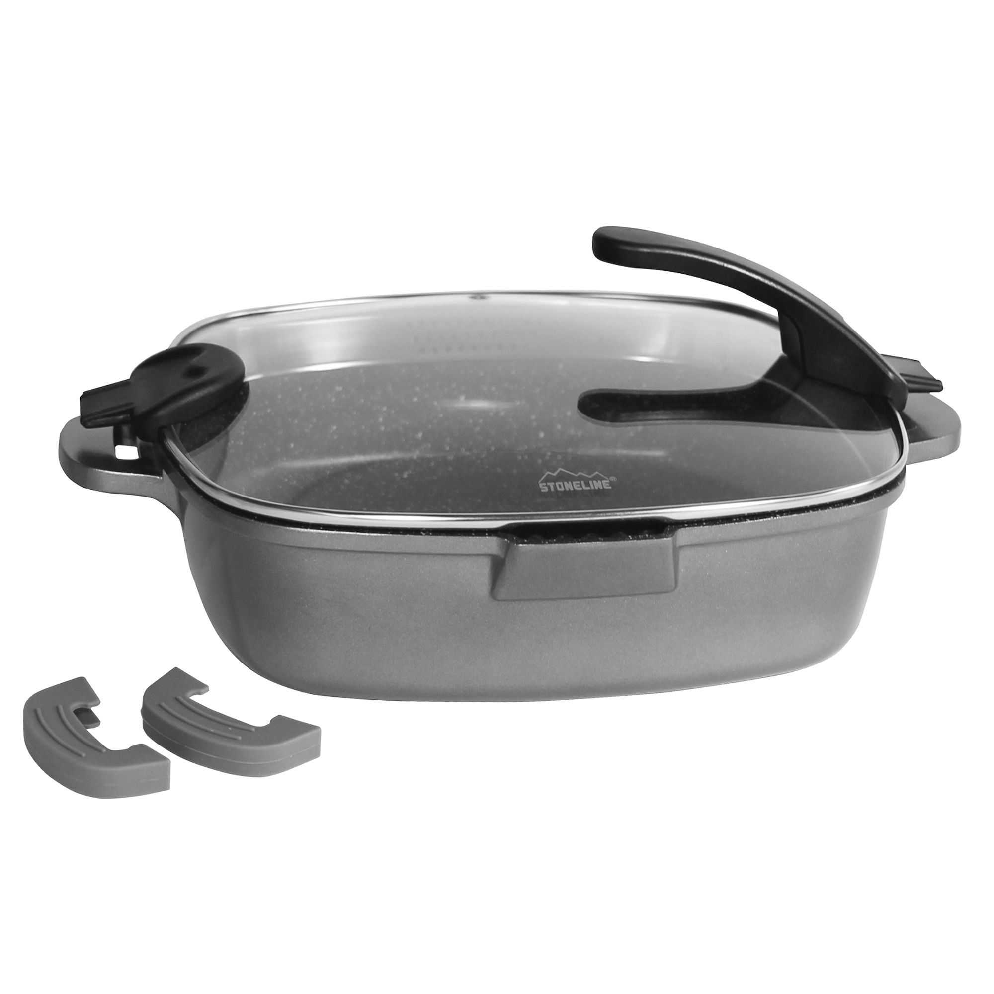 STONELINE® Square Serving Pan 28 cm, Strainer Lid, 2 Spouts, Non-Stick Pan | FUTURE