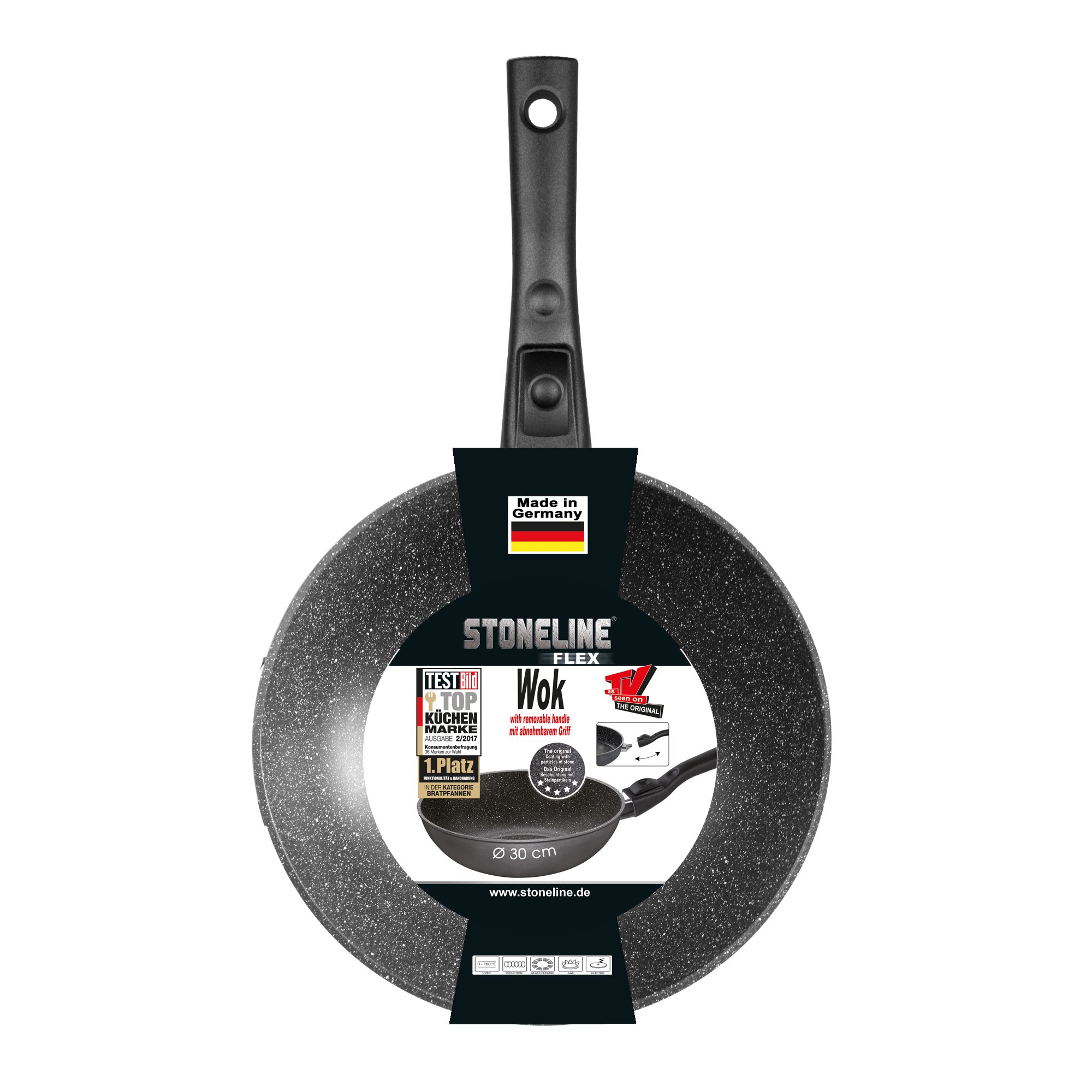 STONELINE® Sartén wok 30 cm, Made in Germany, con mango extraíble, apta para inducción