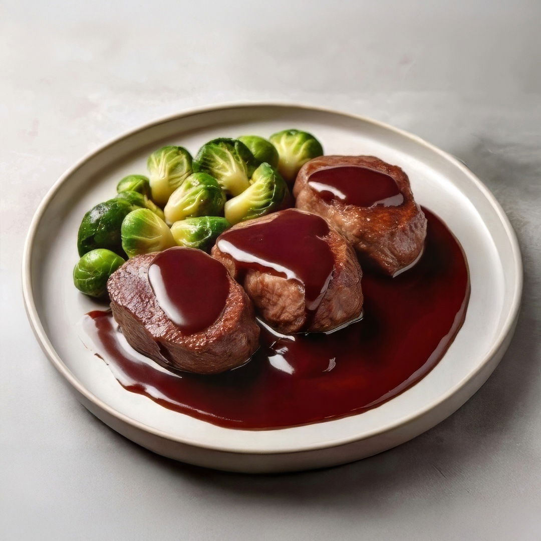 Hirschmedaillons mit Rosenkohl in Rotweinsoße