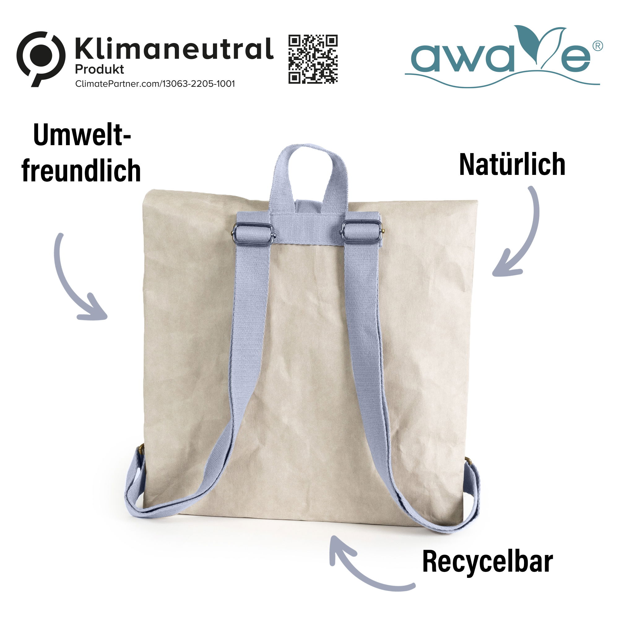 AWAVE® Zaino in Pelle Vegana Ecologica 10 L, Zaino in Carta Kraft, Chiusura a Ribalta