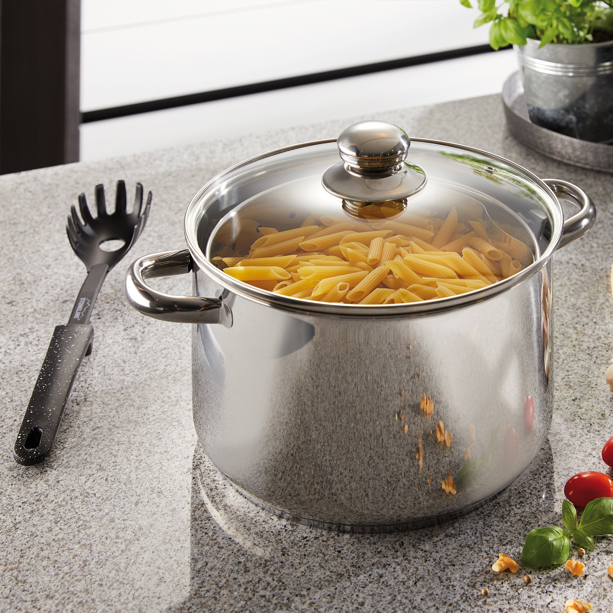 Set Pour Pâtes Excelsa - Casserole 20 Cm Avec 2 Passoires Et Couvercle - Acier Inoxydable, Avec Pince - Lave-vaisselle (non Induction)